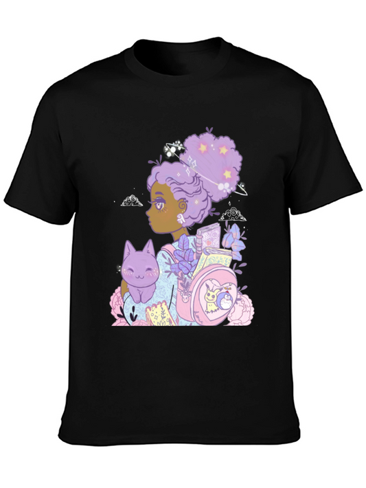 Anime Girl with Cat & Backpack Black T-Shirt