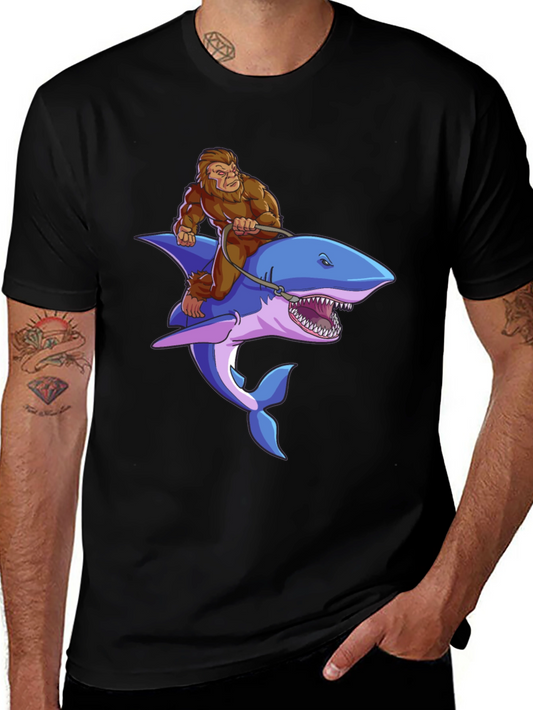 Bigfoot Riding Shark Graphic Tee - Black