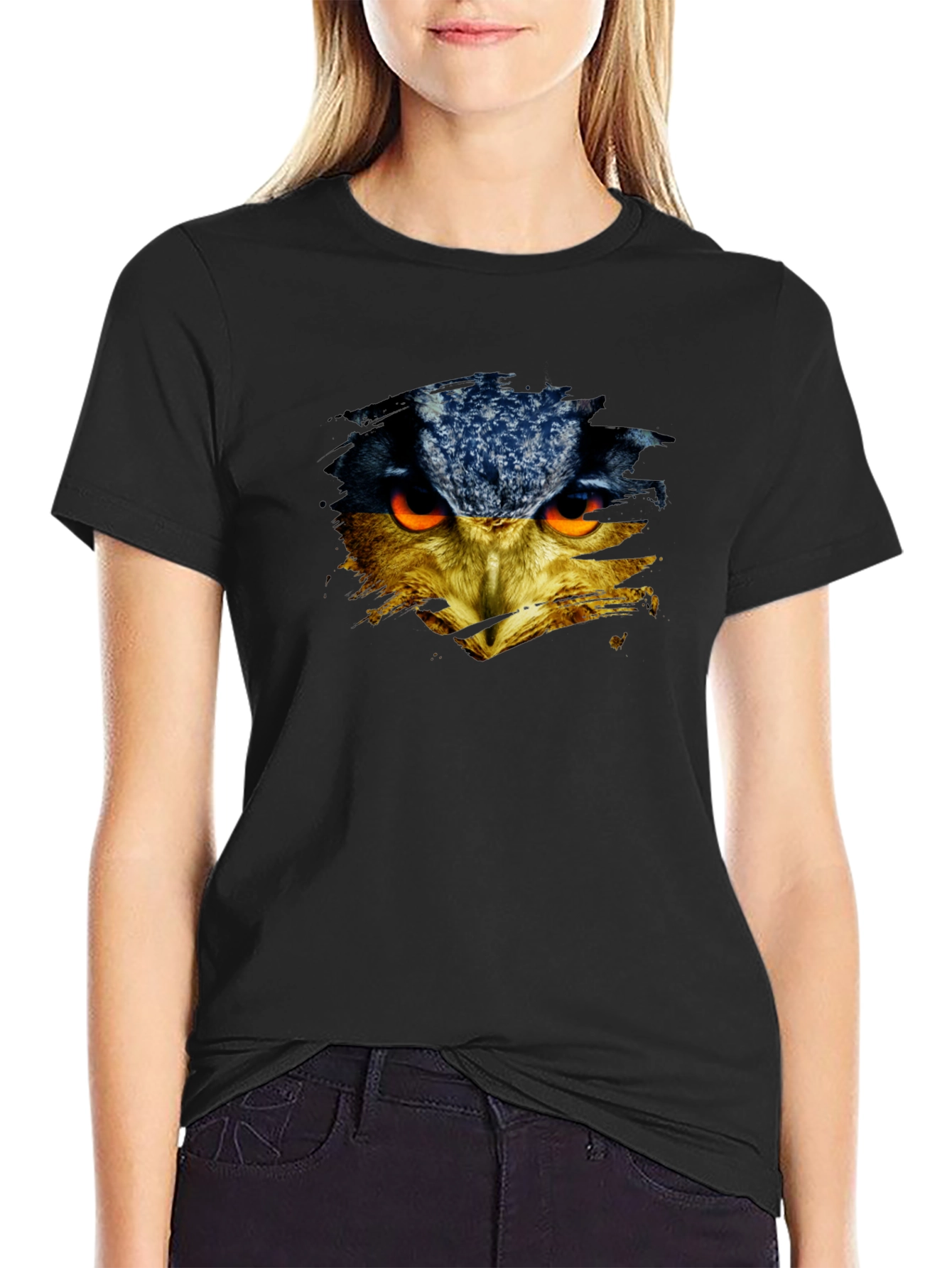 Owl Face Graphic Print Black T-Shirt
