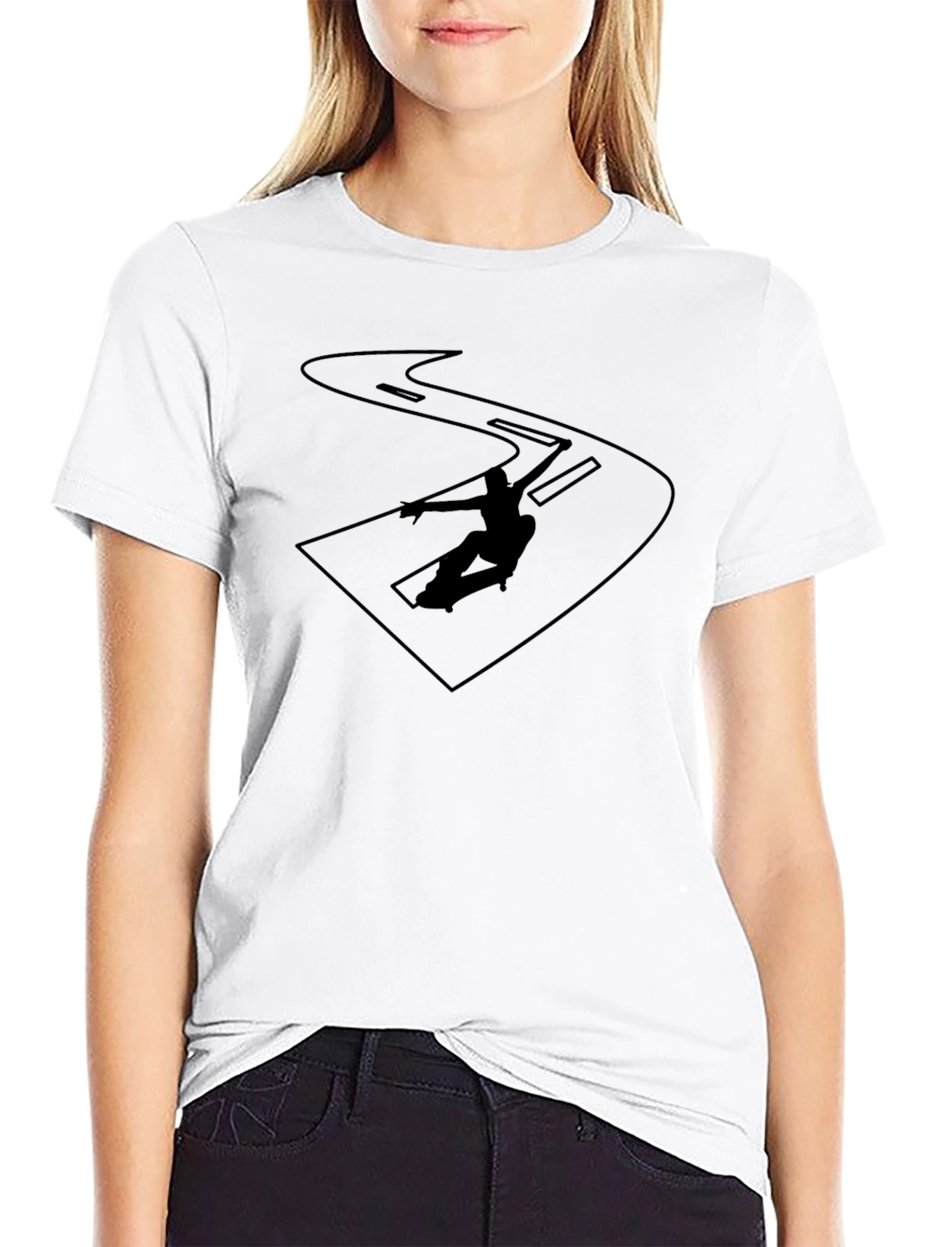 Black Graphic Tee - Skateboarder on the Road