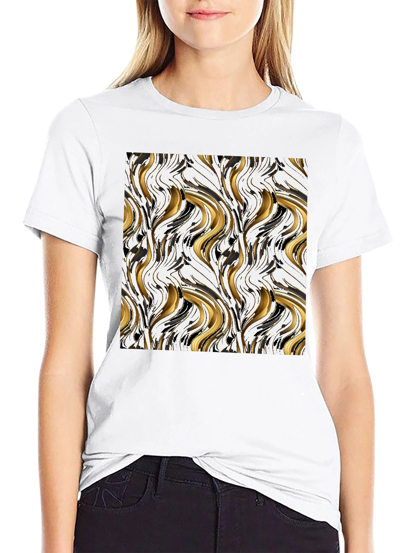 Abstract Gold & Black Swirl Print Black T-Shirt