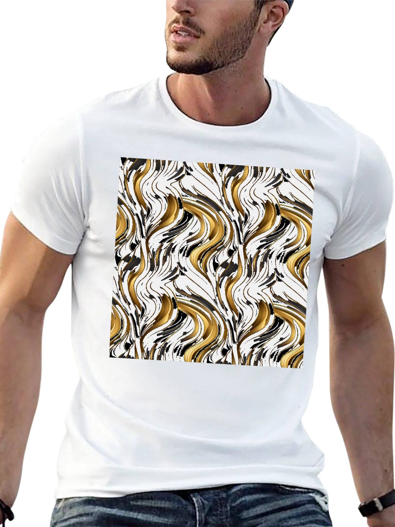 Abstract Gold & Black Swirl Print Black T-Shirt