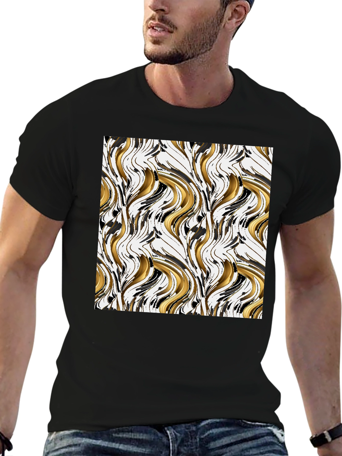 Abstract Gold & Black Swirl Print Black T-Shirt