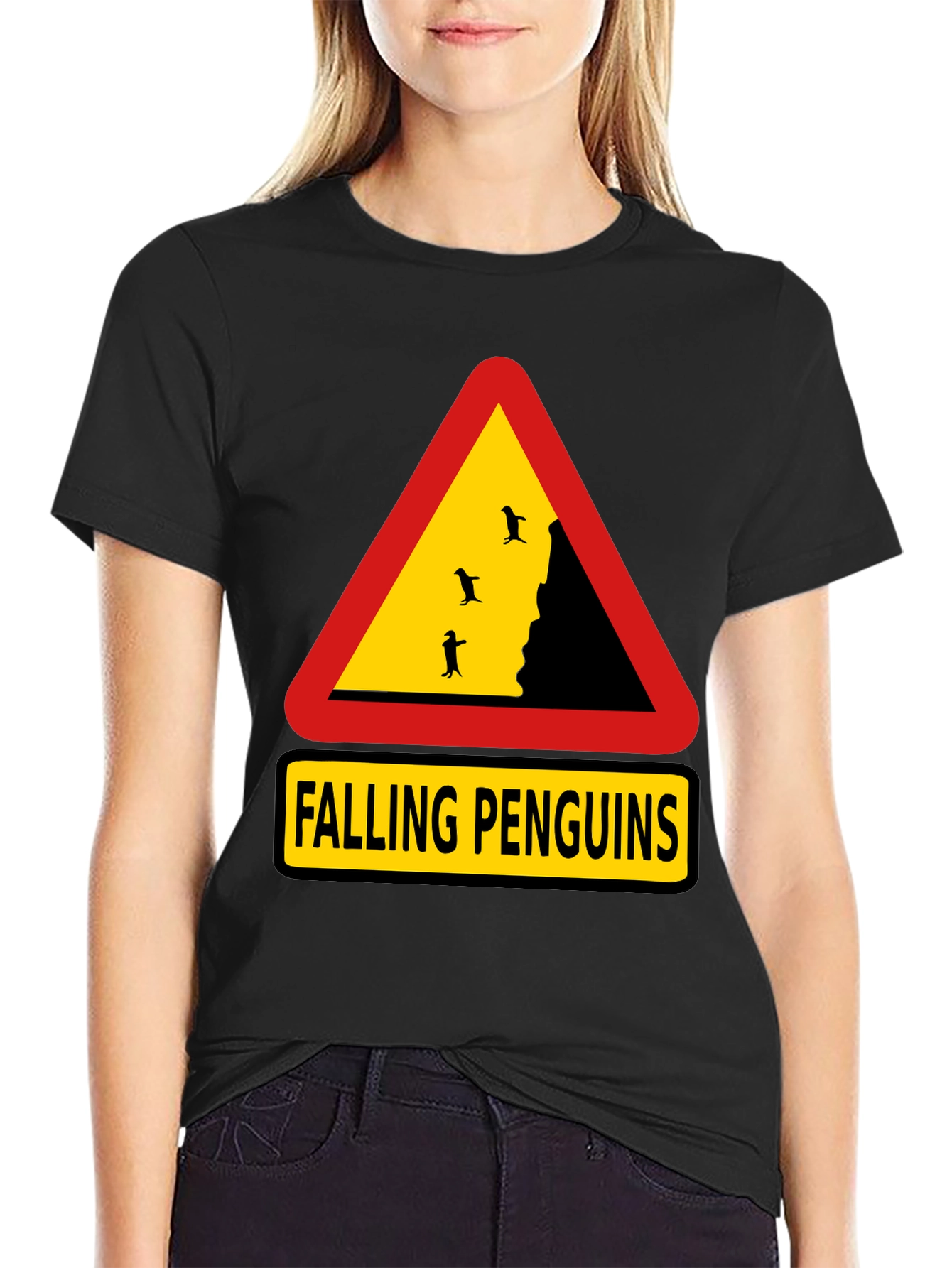 Falling Penguins Graphic Tee - Danger Sign Shirt
