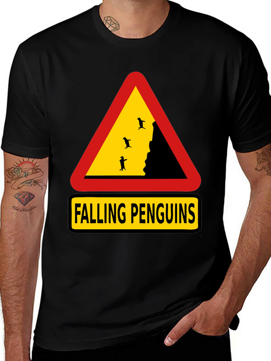Falling Penguins Graphic Tee - Danger Sign Shirt