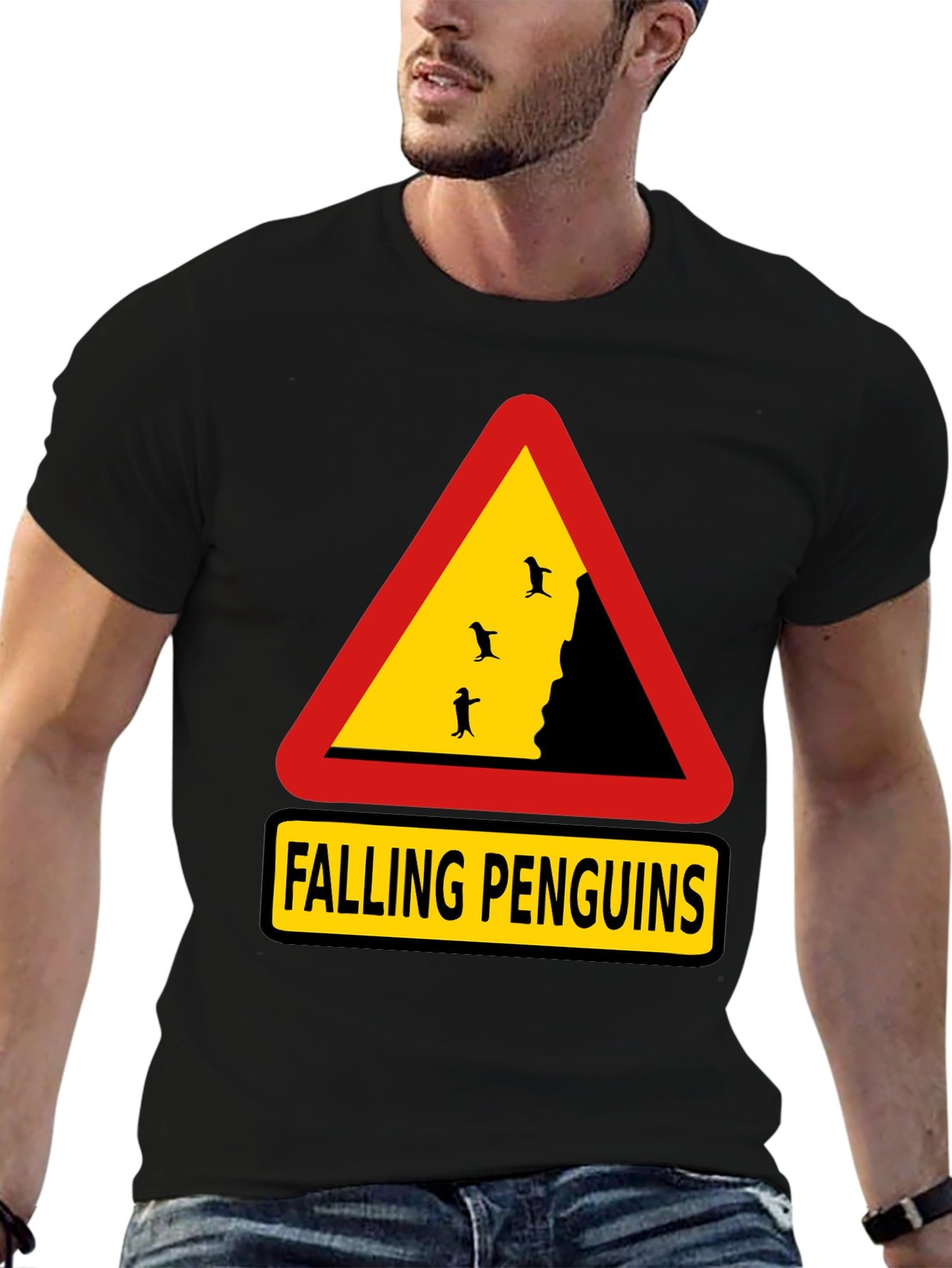 Falling Penguins Graphic Tee - Danger Sign Shirt