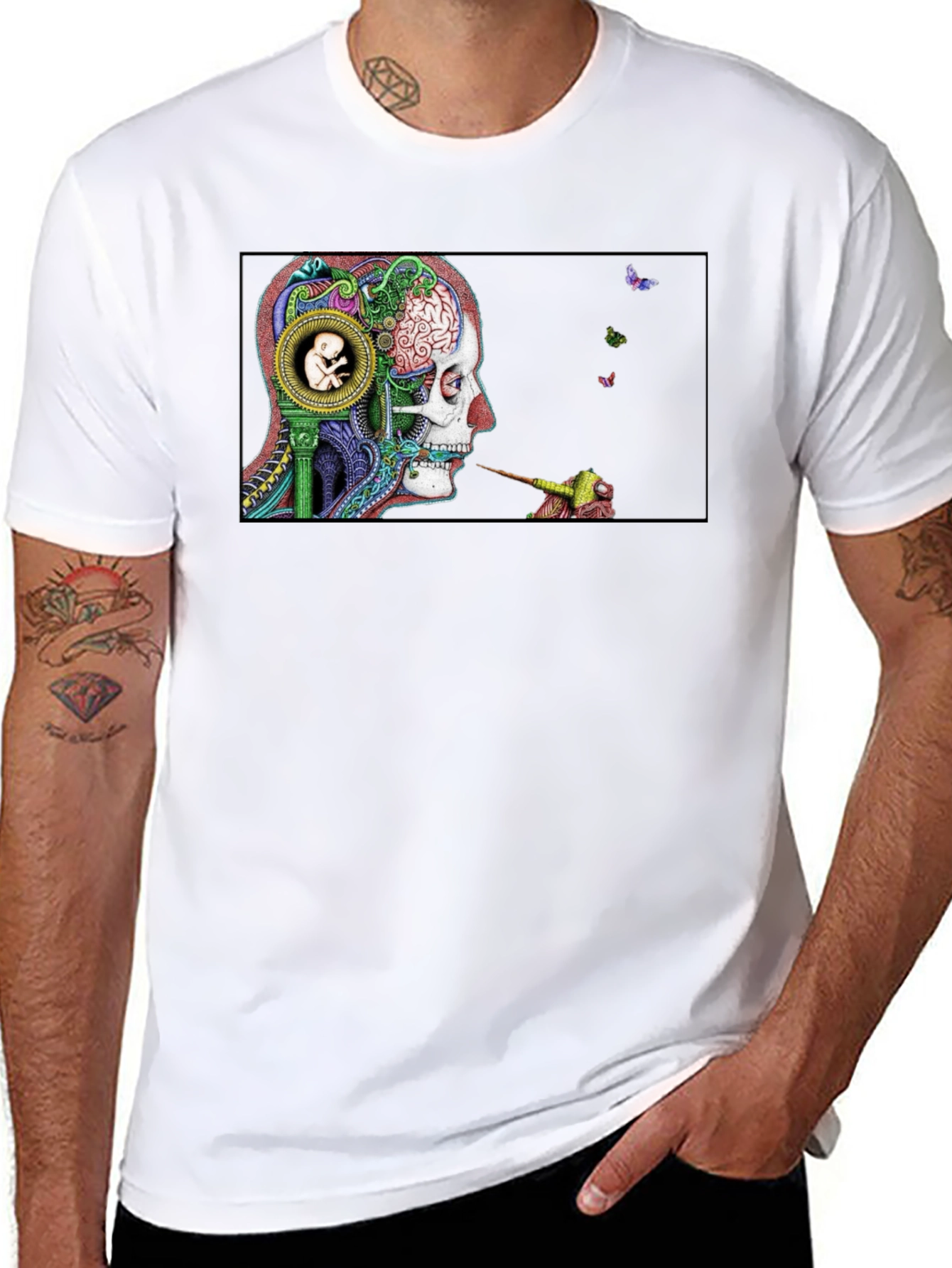Intricate Brain Art T-Shirt - Skull and Embryo Design