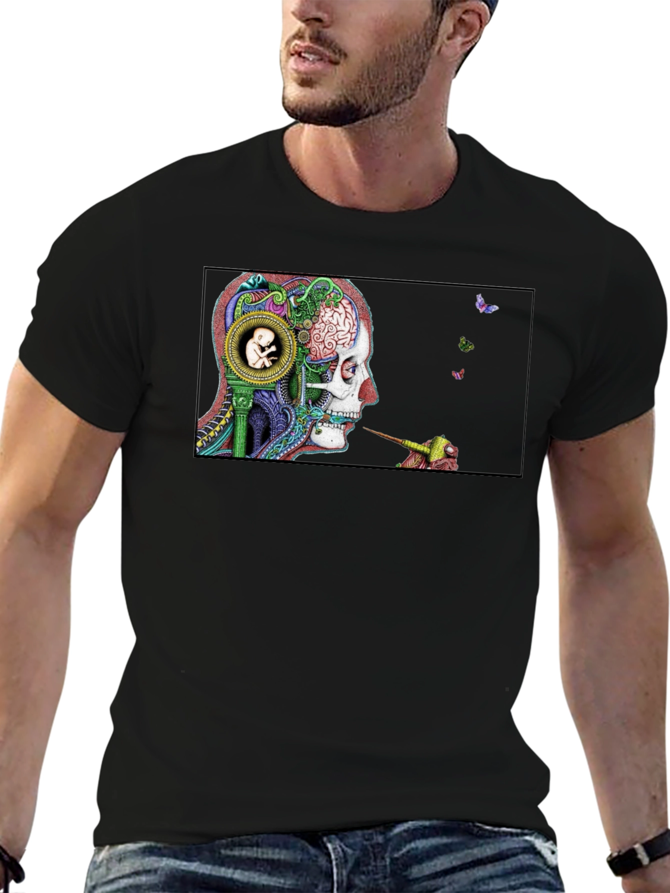 Intricate Brain Art T-Shirt - Skull and Embryo Design