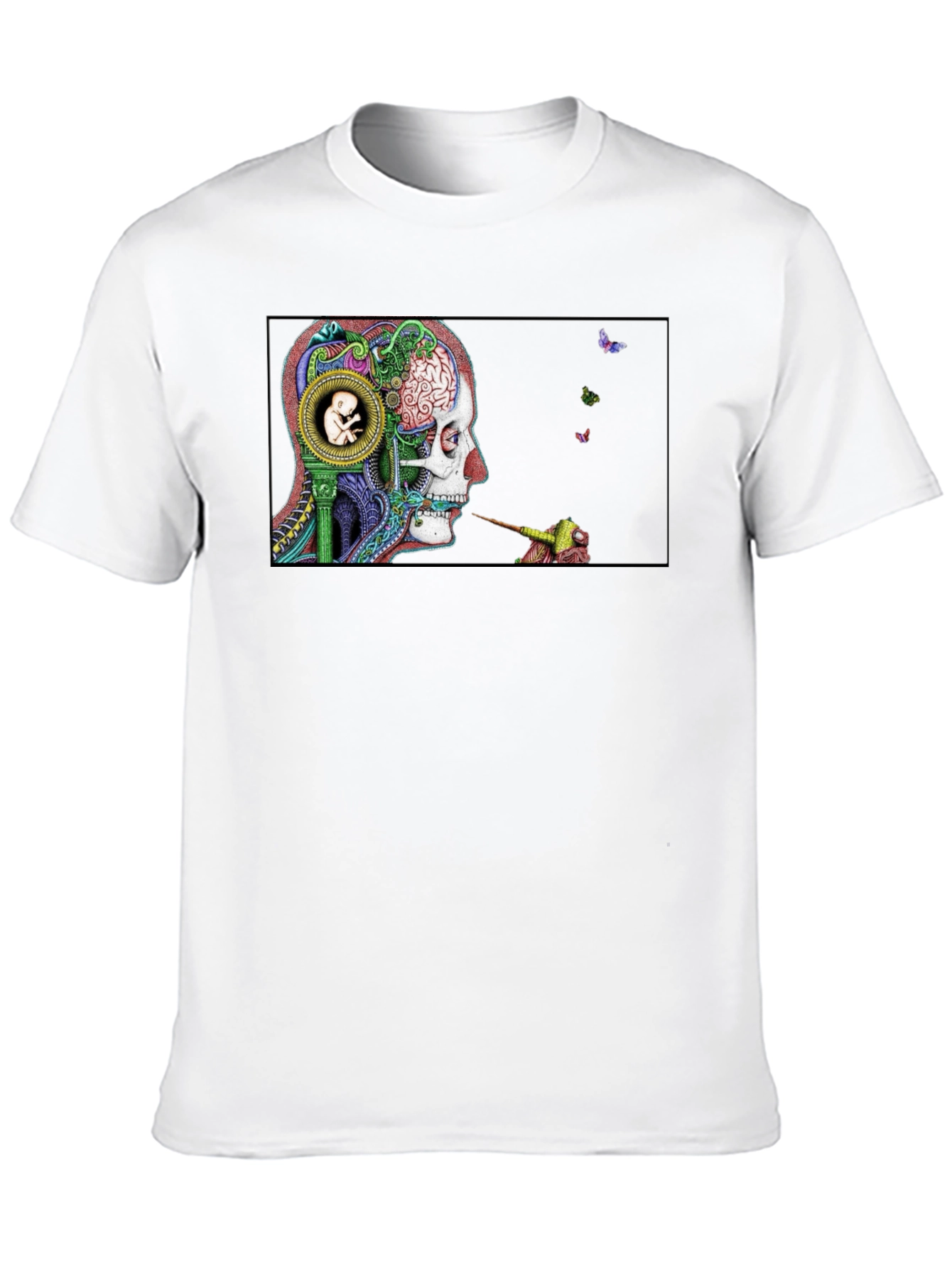 Intricate Brain Art T-Shirt - Skull and Embryo Design