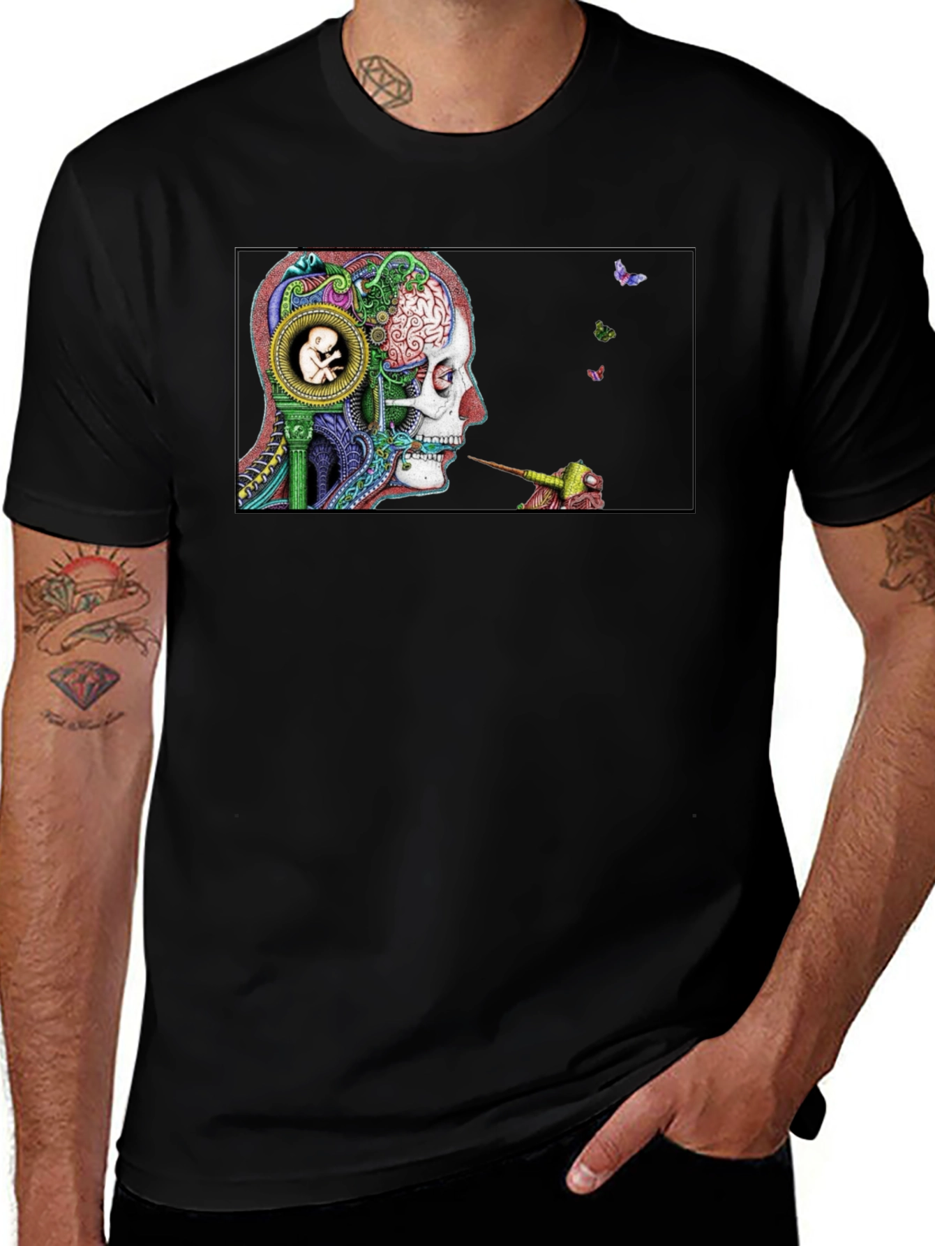 Intricate Brain Art T-Shirt - Skull and Embryo Design