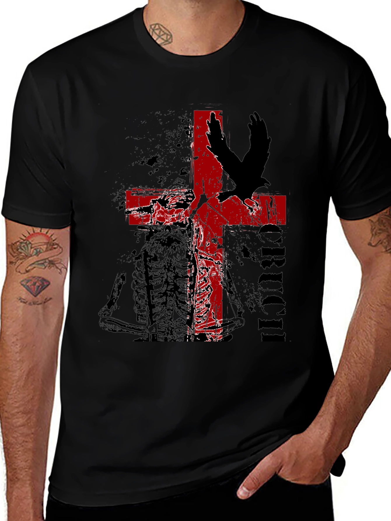 Edgy Cross & Eagle Graphic Tee - Black