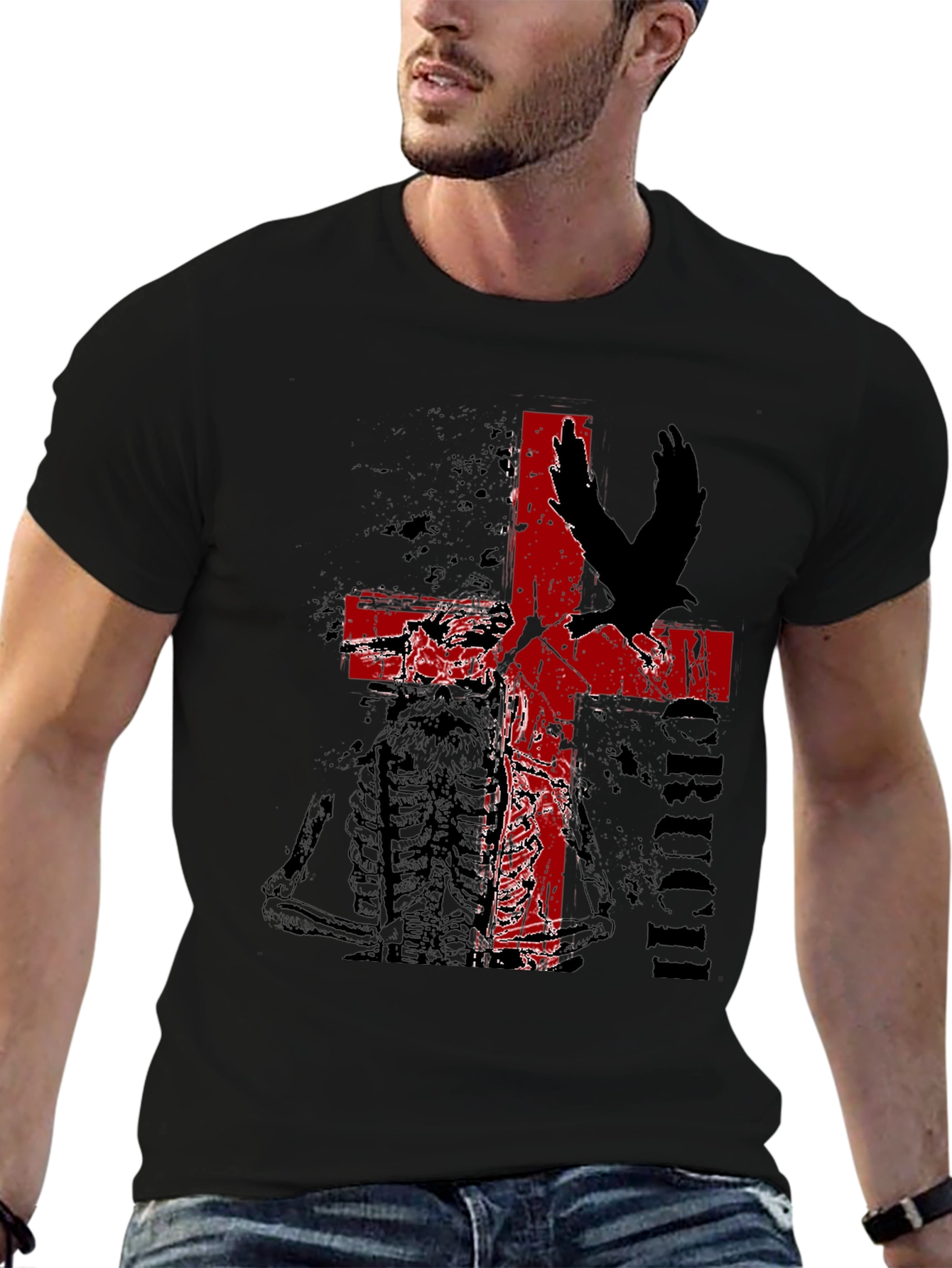 Edgy Cross & Eagle Graphic Tee - Black