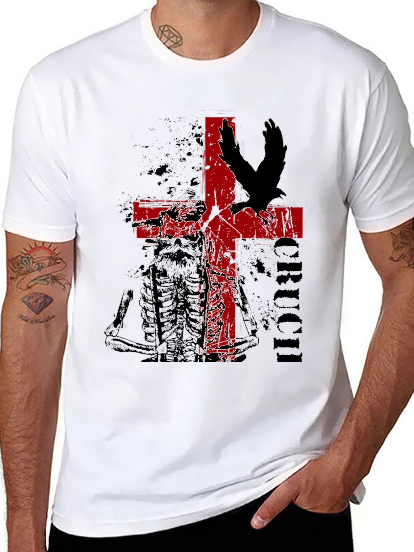 Edgy Cross & Eagle Graphic Tee - Black