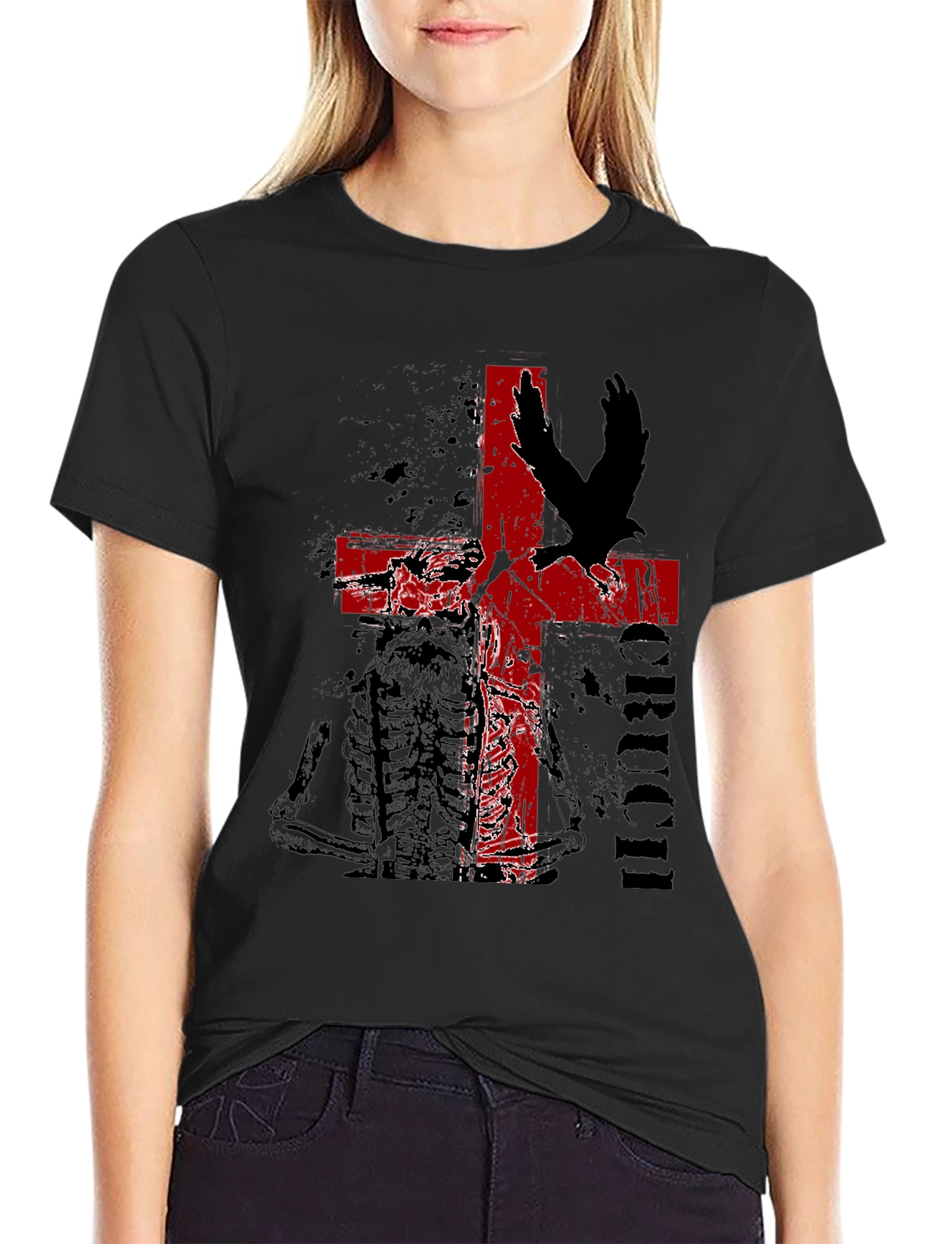 Edgy Cross & Eagle Graphic Tee - Black