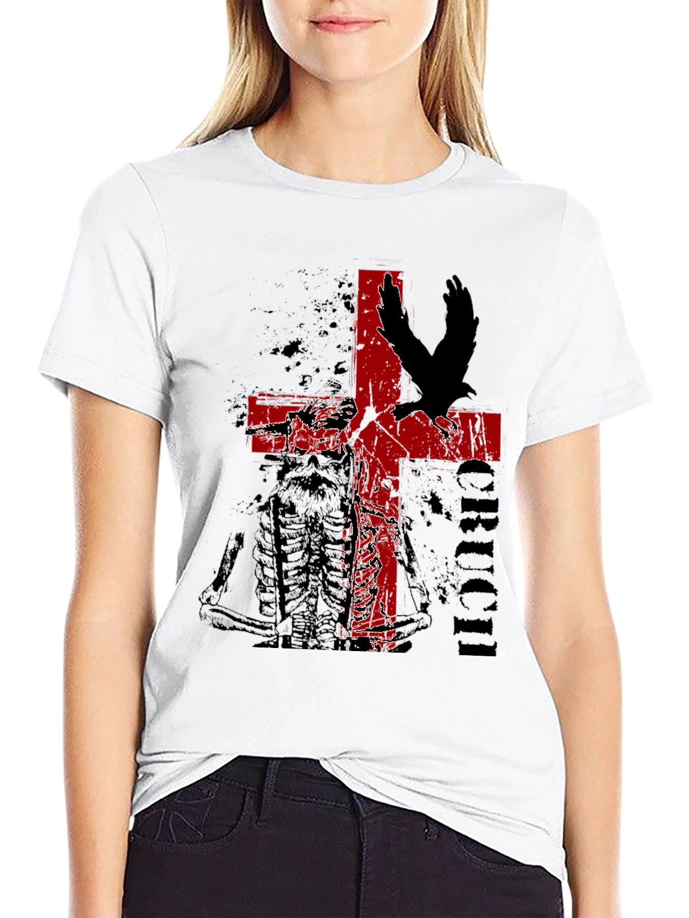 Edgy Cross & Eagle Graphic Tee - Black