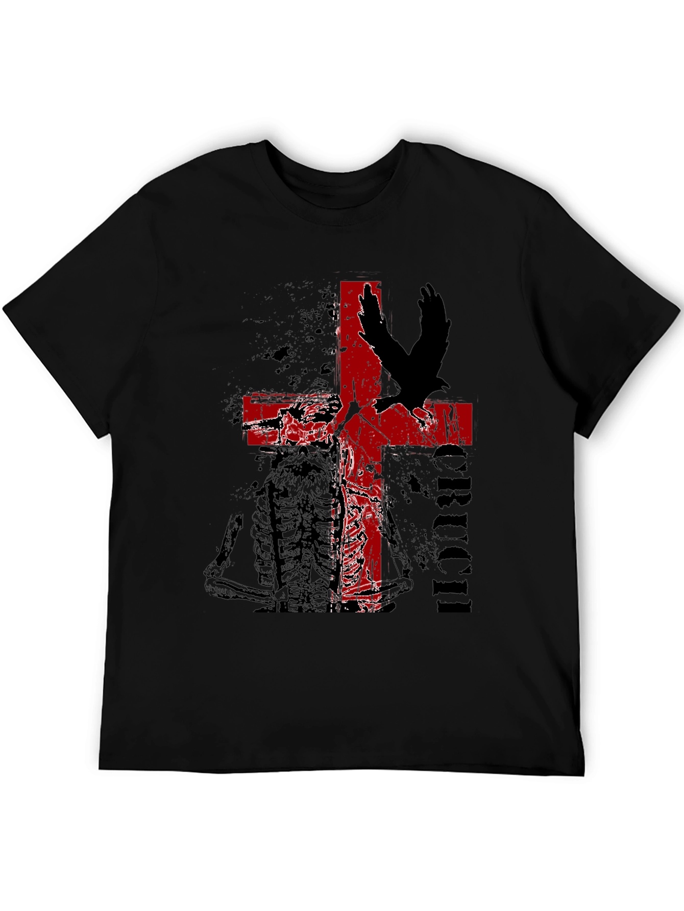 Edgy Cross & Eagle Graphic Tee - Black