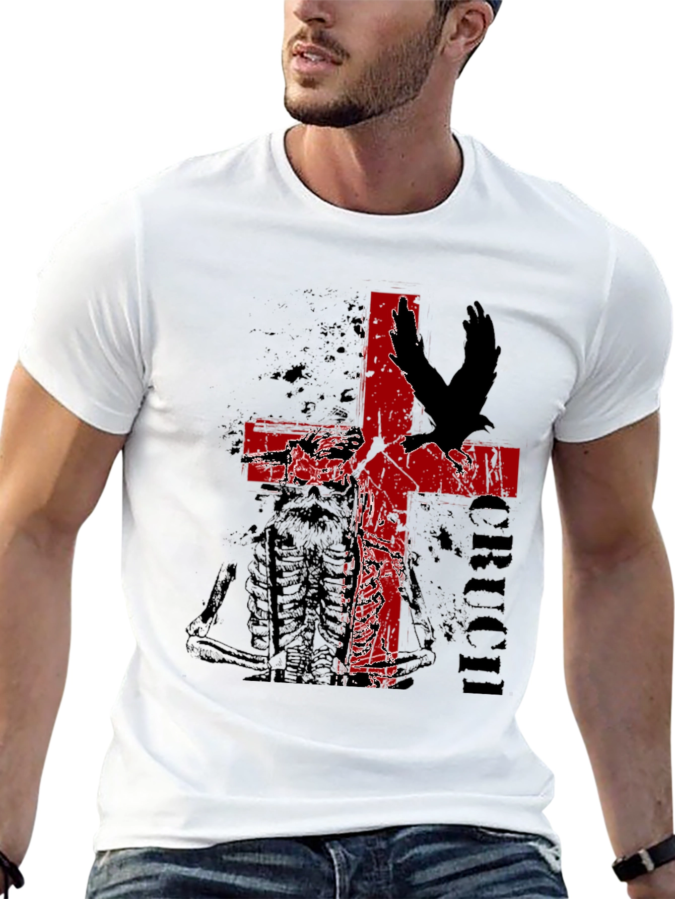 Edgy Cross & Eagle Graphic Tee - Black