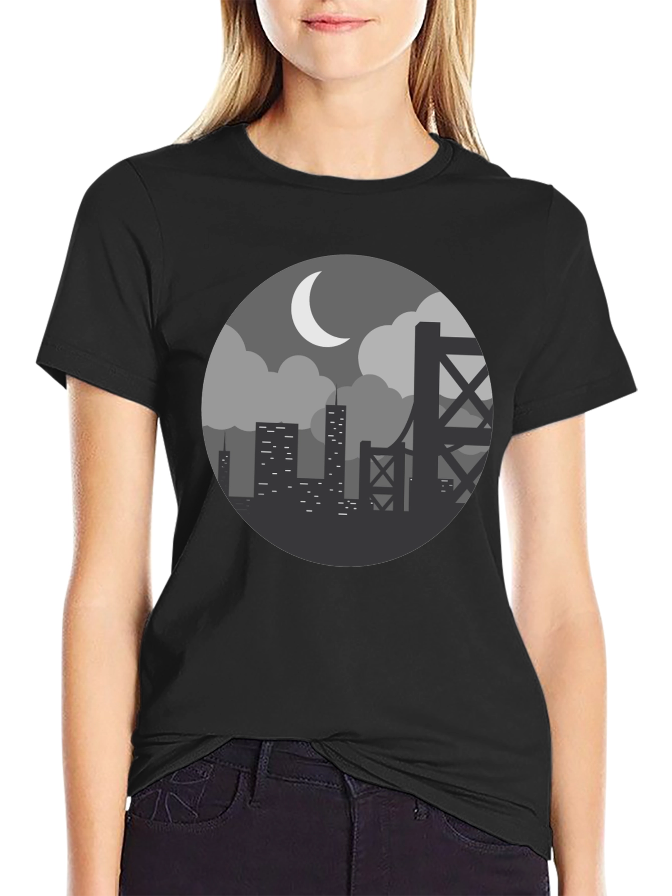 Cityscape at Night Graphic Tee - Black