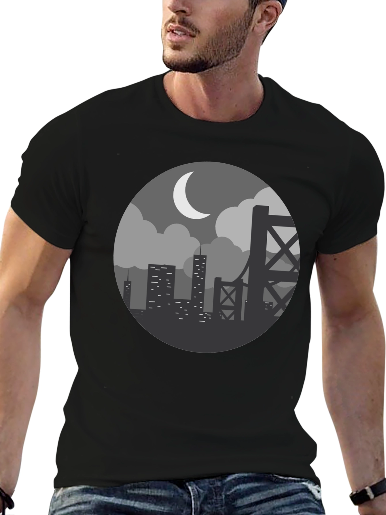 Cityscape at Night Graphic Tee - Black