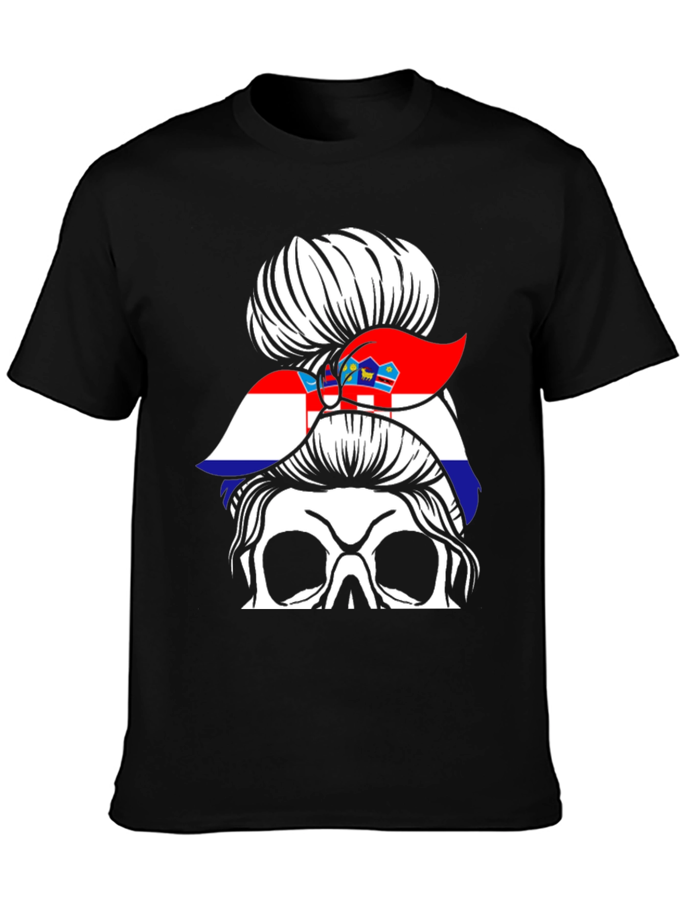 Croatian Flag Messy Bun Skull T-Shirt