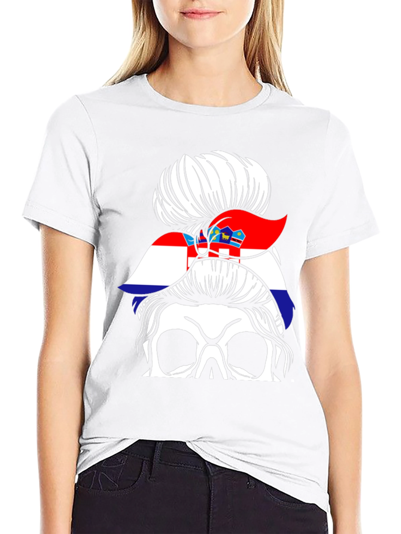 Croatian Flag Messy Bun Skull T-Shirt