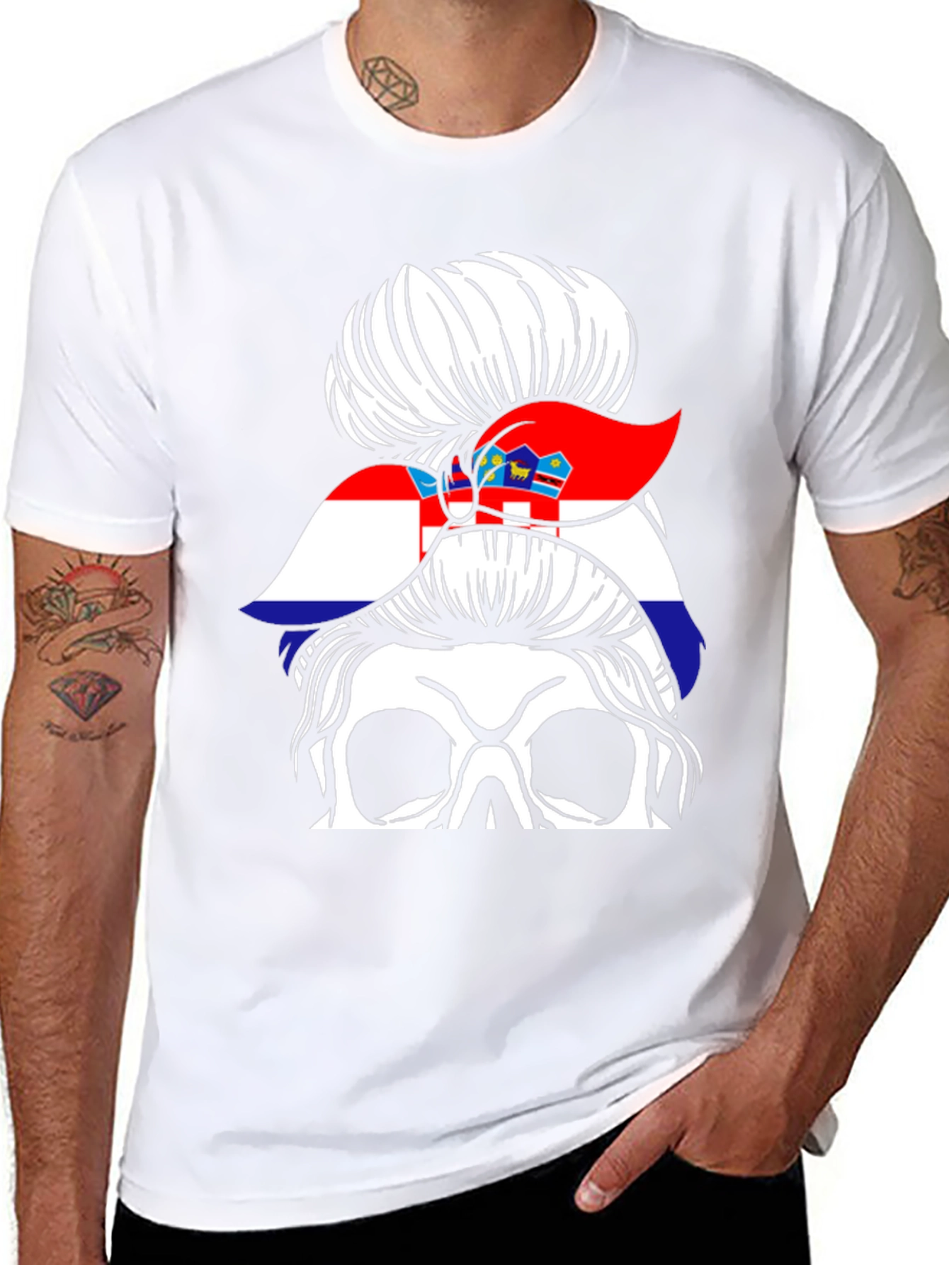 Croatian Flag Messy Bun Skull T-Shirt