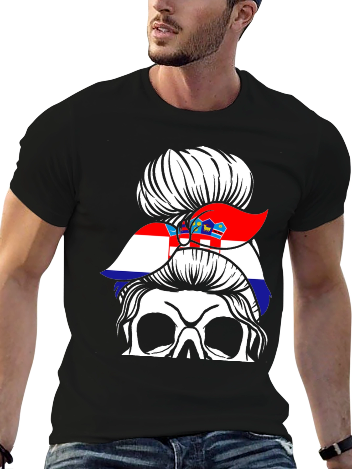 Croatian Flag Messy Bun Skull T-Shirt