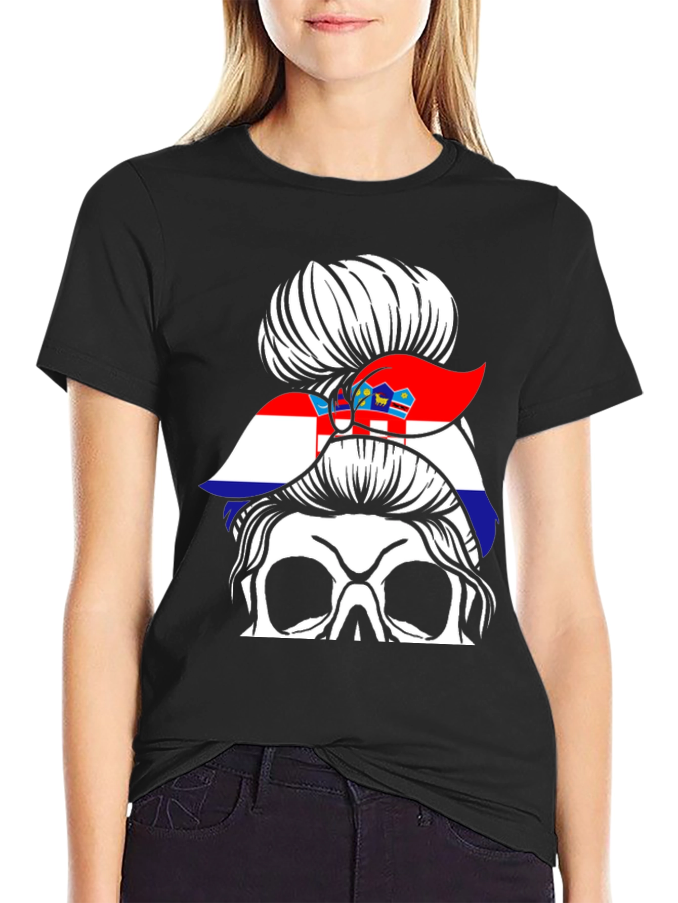 Croatian Flag Messy Bun Skull T-Shirt