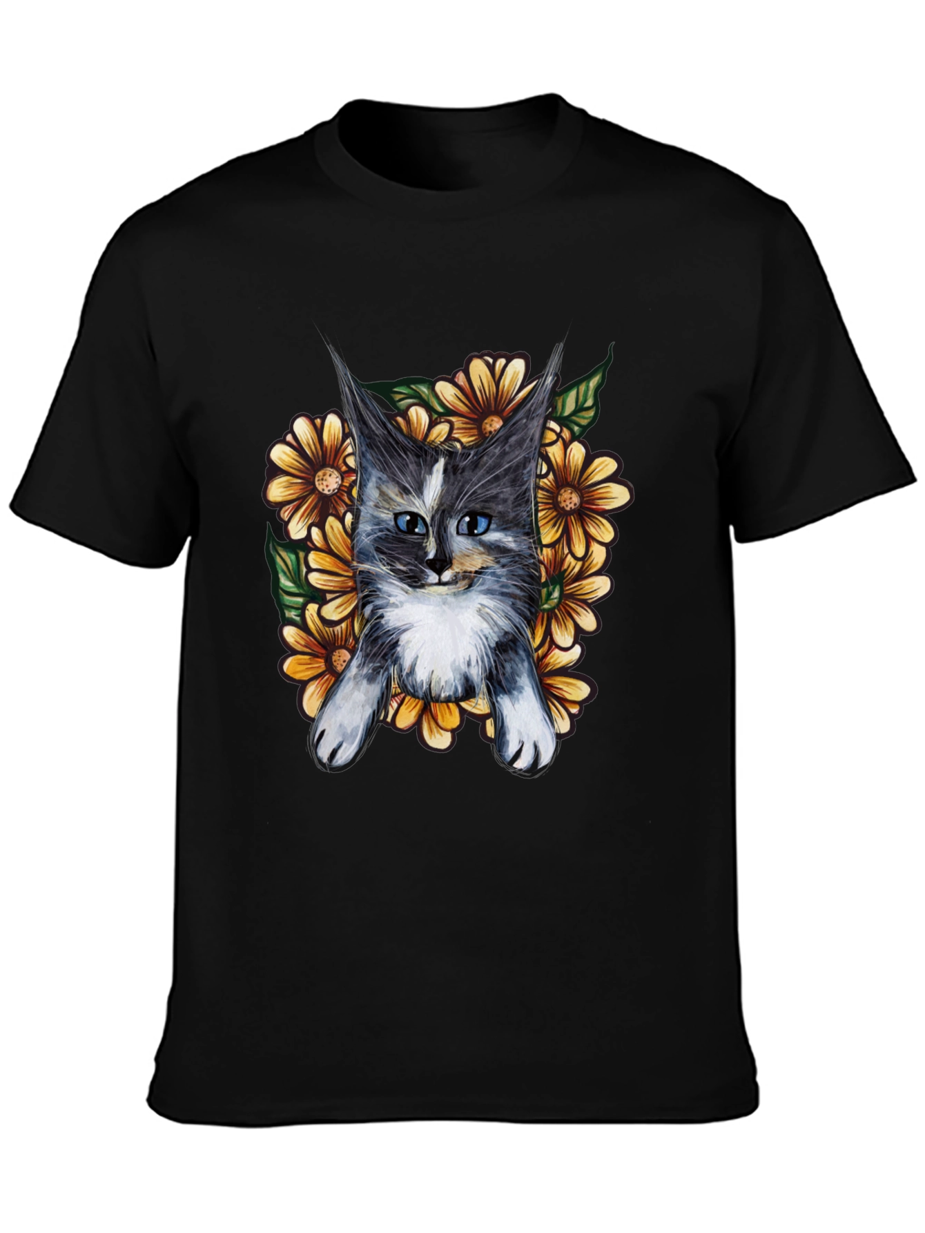 Cat and Sunflower Graphic T-Shirt