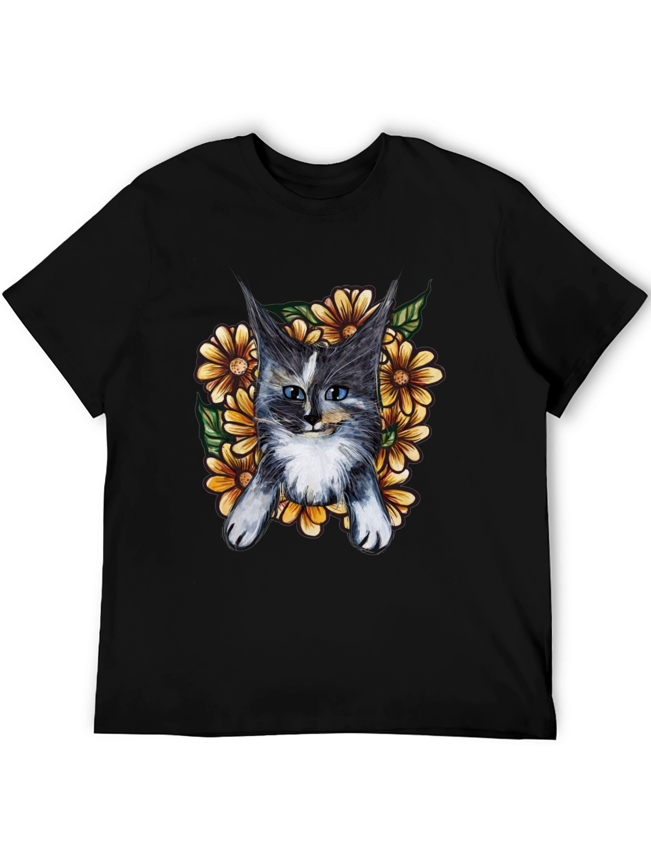 Cat and Sunflower Graphic T-Shirt