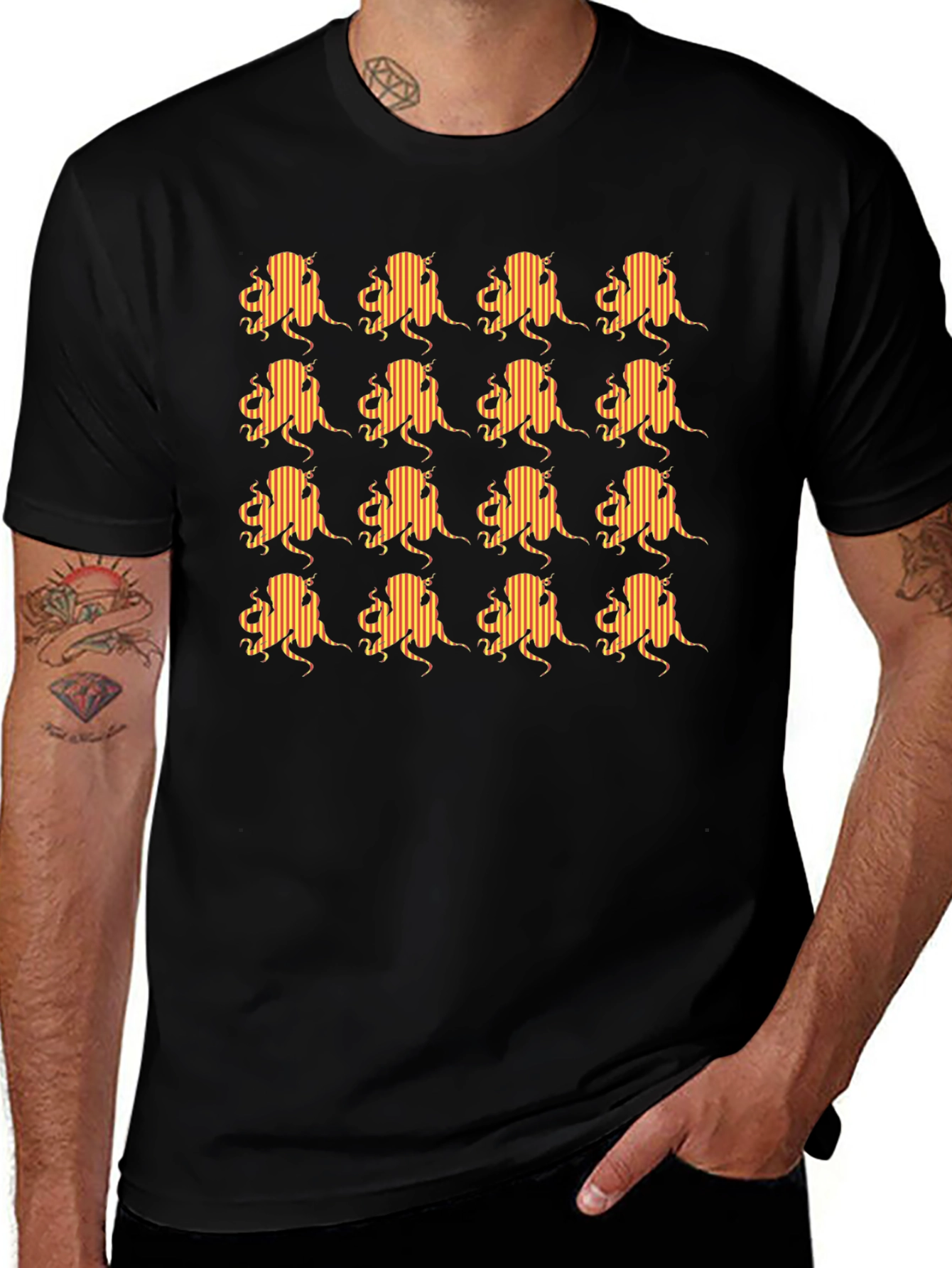 Striped Octopus Pattern Black T-Shirt