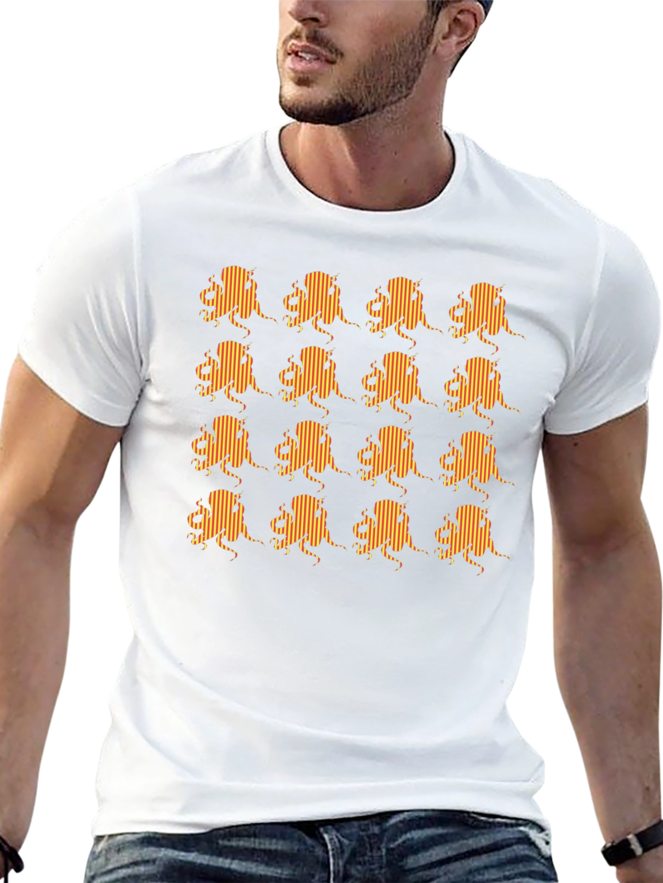 Striped Octopus Pattern Black T-Shirt
