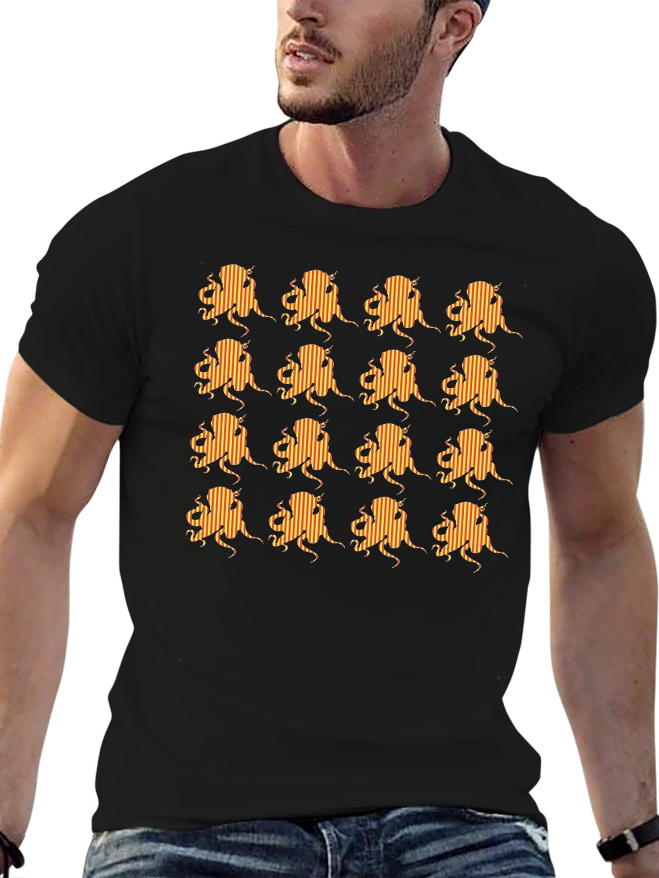 Striped Octopus Pattern Black T-Shirt