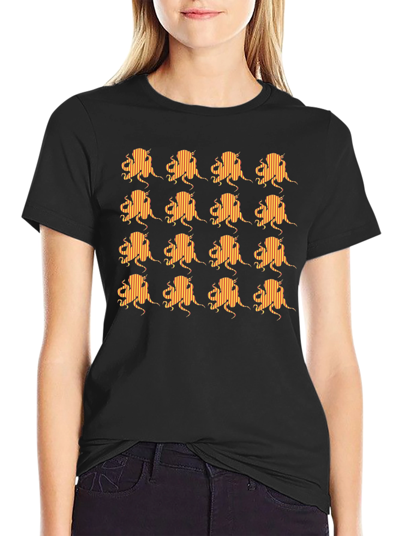 Striped Octopus Pattern Black T-Shirt