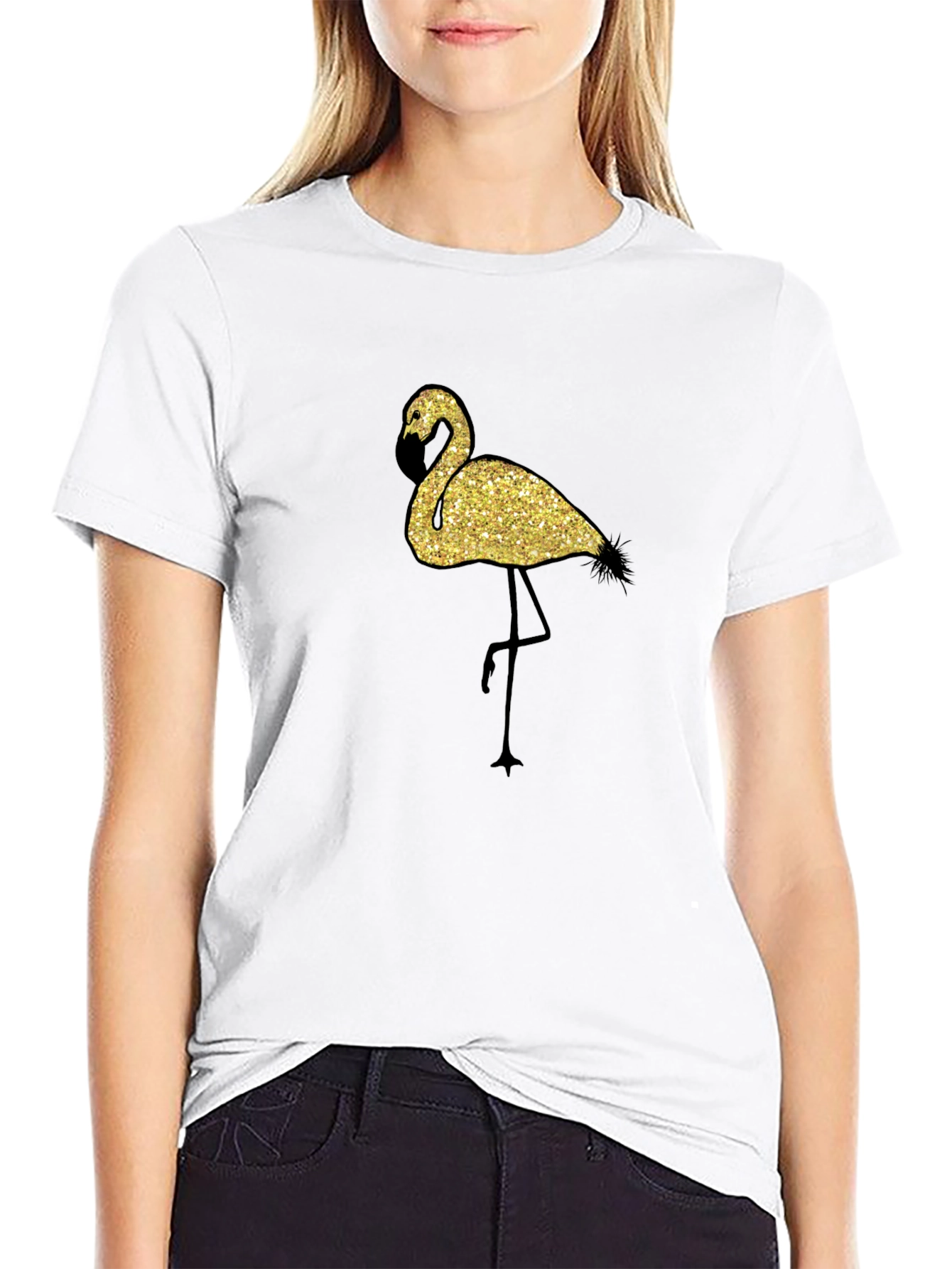 Glitter Flamingo Graphic Black T-Shirt