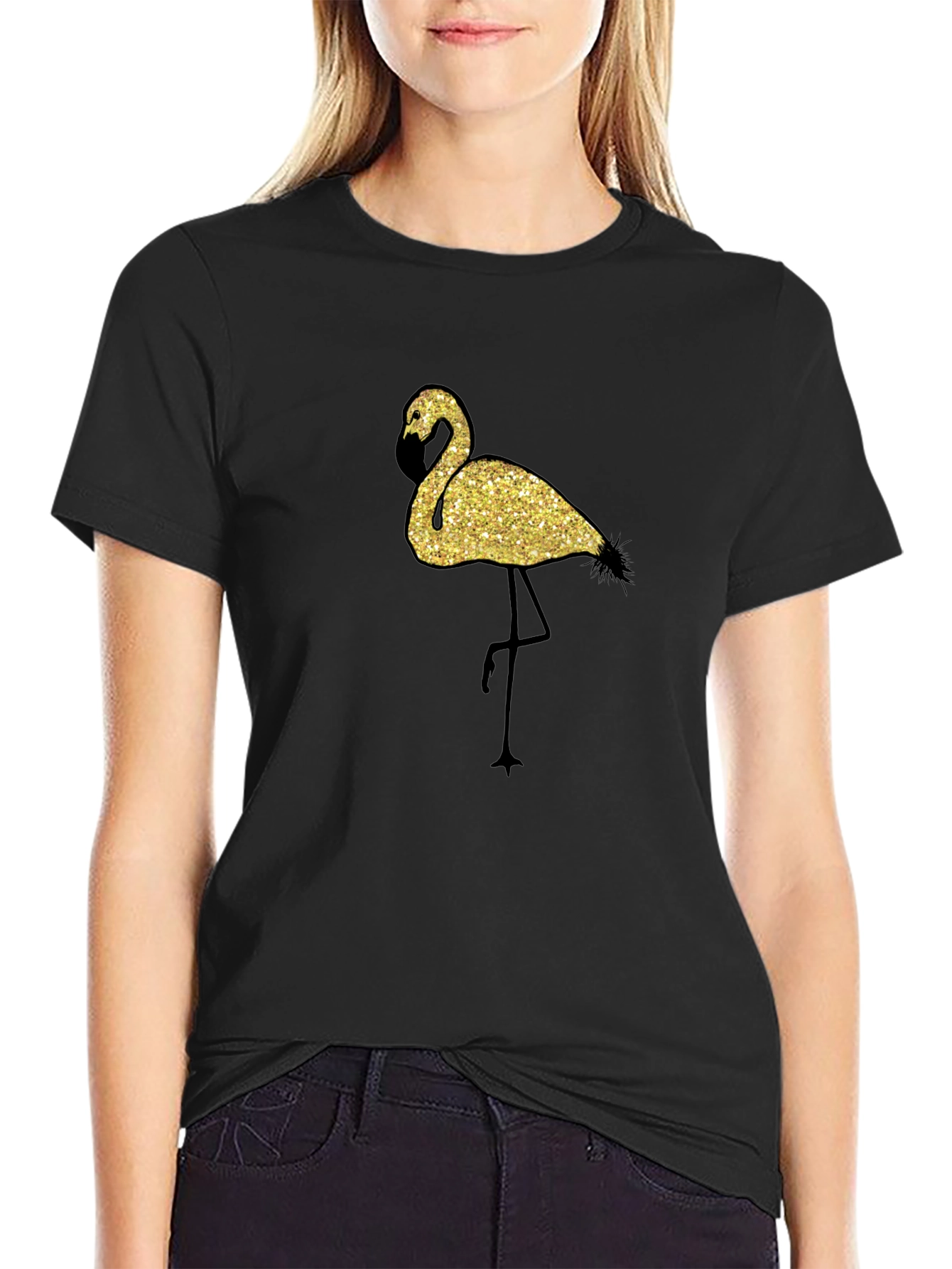 Glitter Flamingo Graphic Black T-Shirt