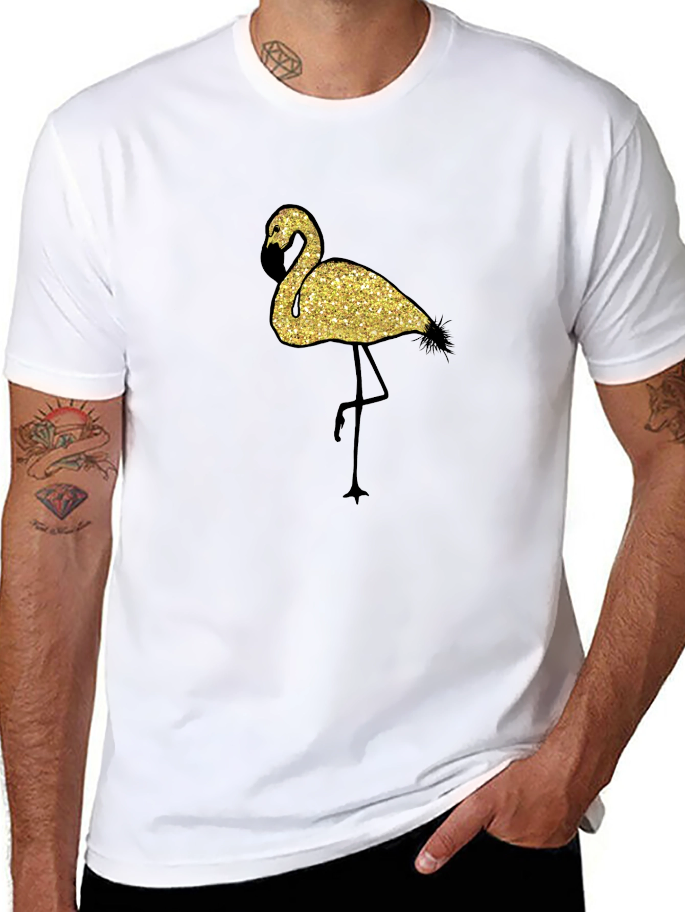 Glitter Flamingo Graphic Black T-Shirt