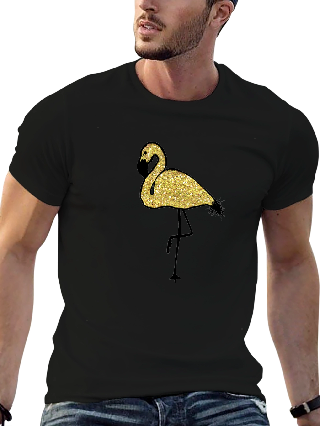 Glitter Flamingo Graphic Black T-Shirt