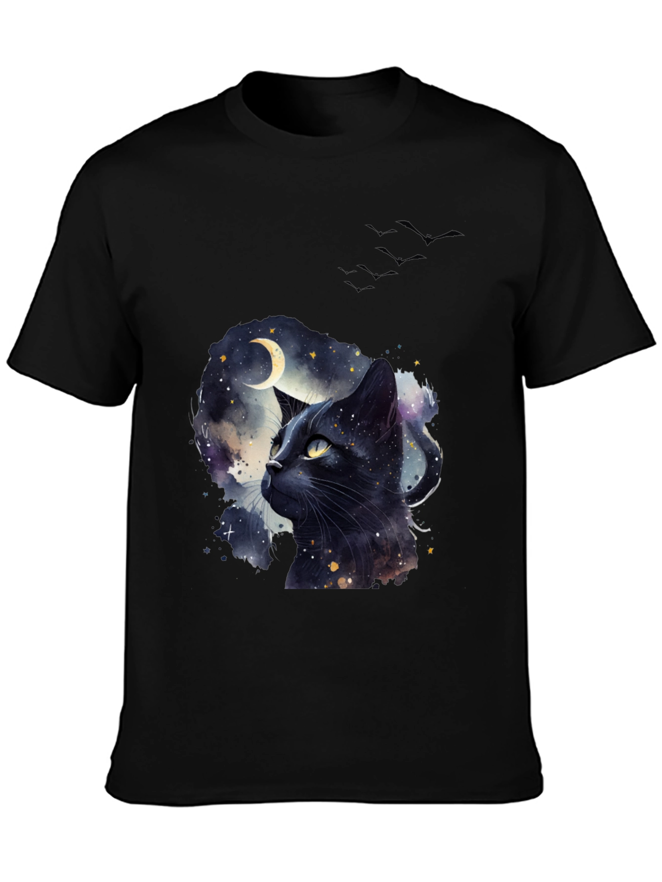Black Cat Moon T-Shirt - Artistic Galaxy Design