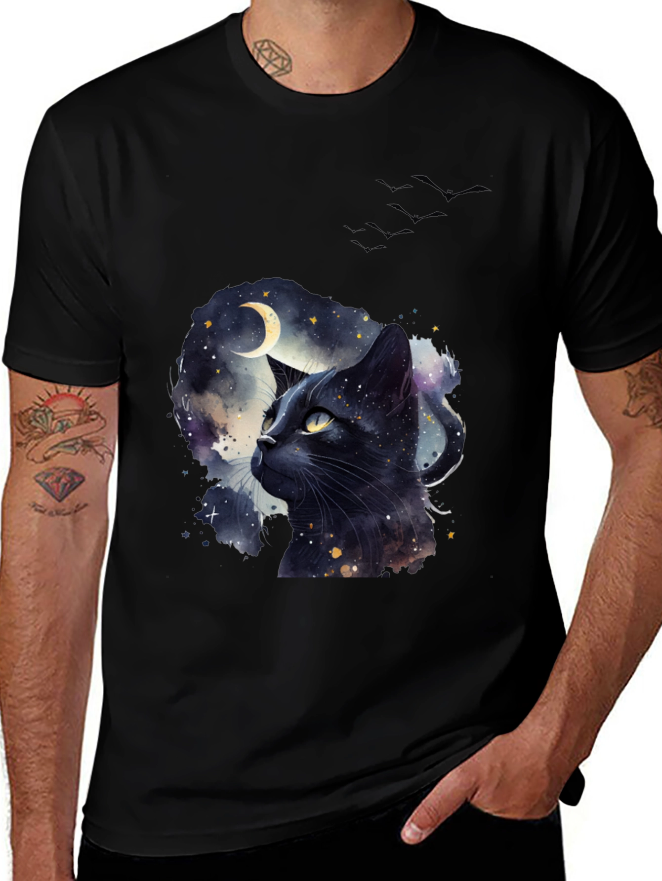 Black Cat Moon T-Shirt - Artistic Galaxy Design