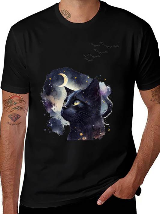 Black Cat Moon T-Shirt - Artistic Galaxy Design
