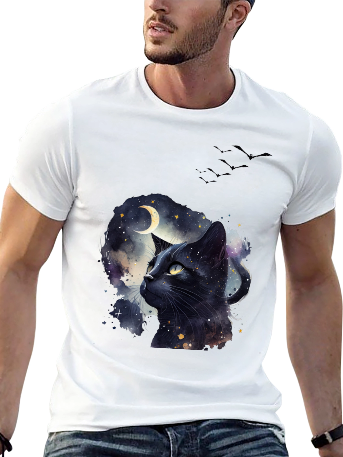 Black Cat Moon T-Shirt - Artistic Galaxy Design