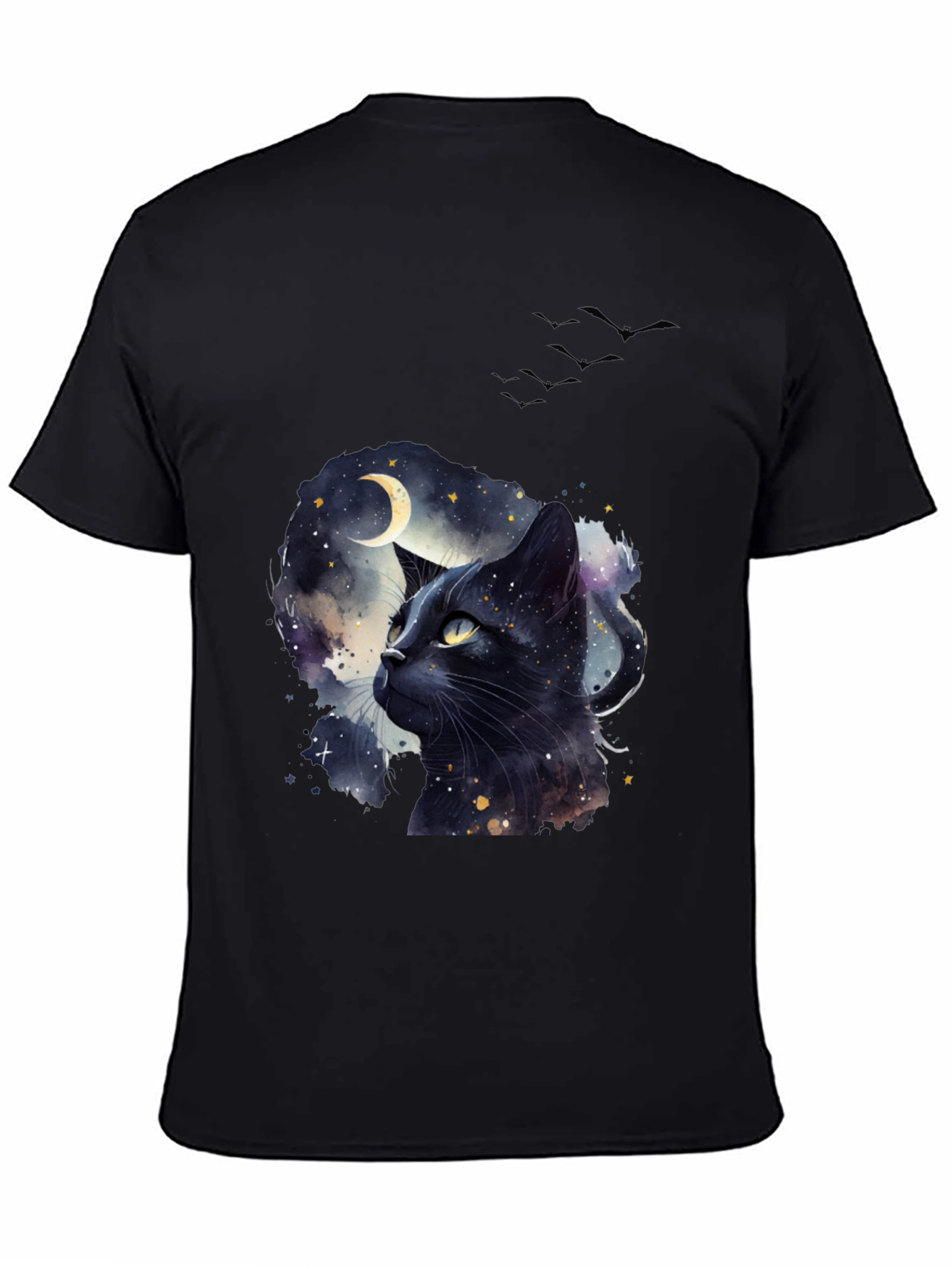 Black Cat Moon T-Shirt - Artistic Galaxy Design