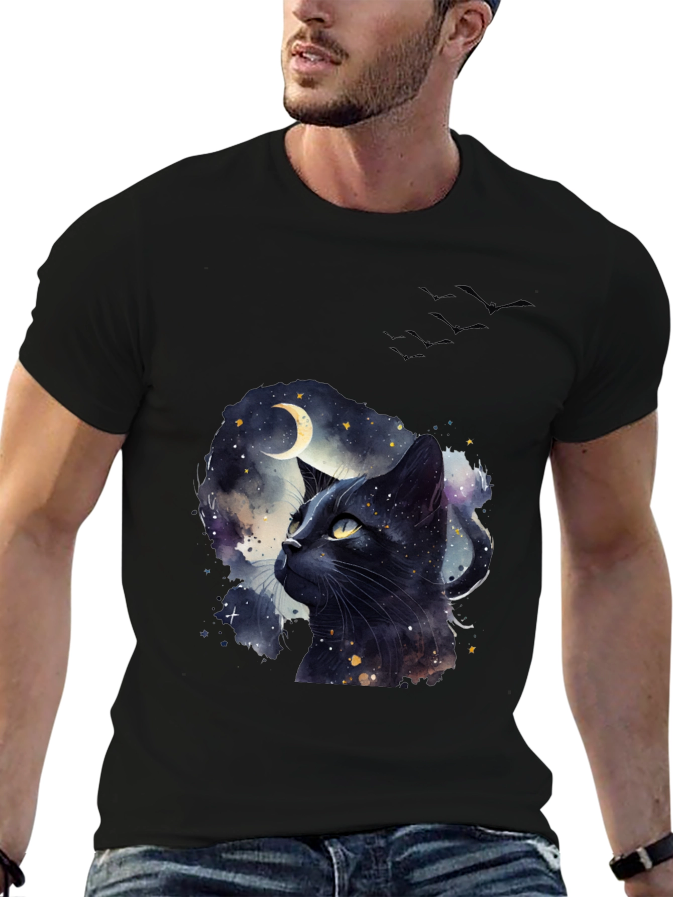 Black Cat Moon T-Shirt - Artistic Galaxy Design