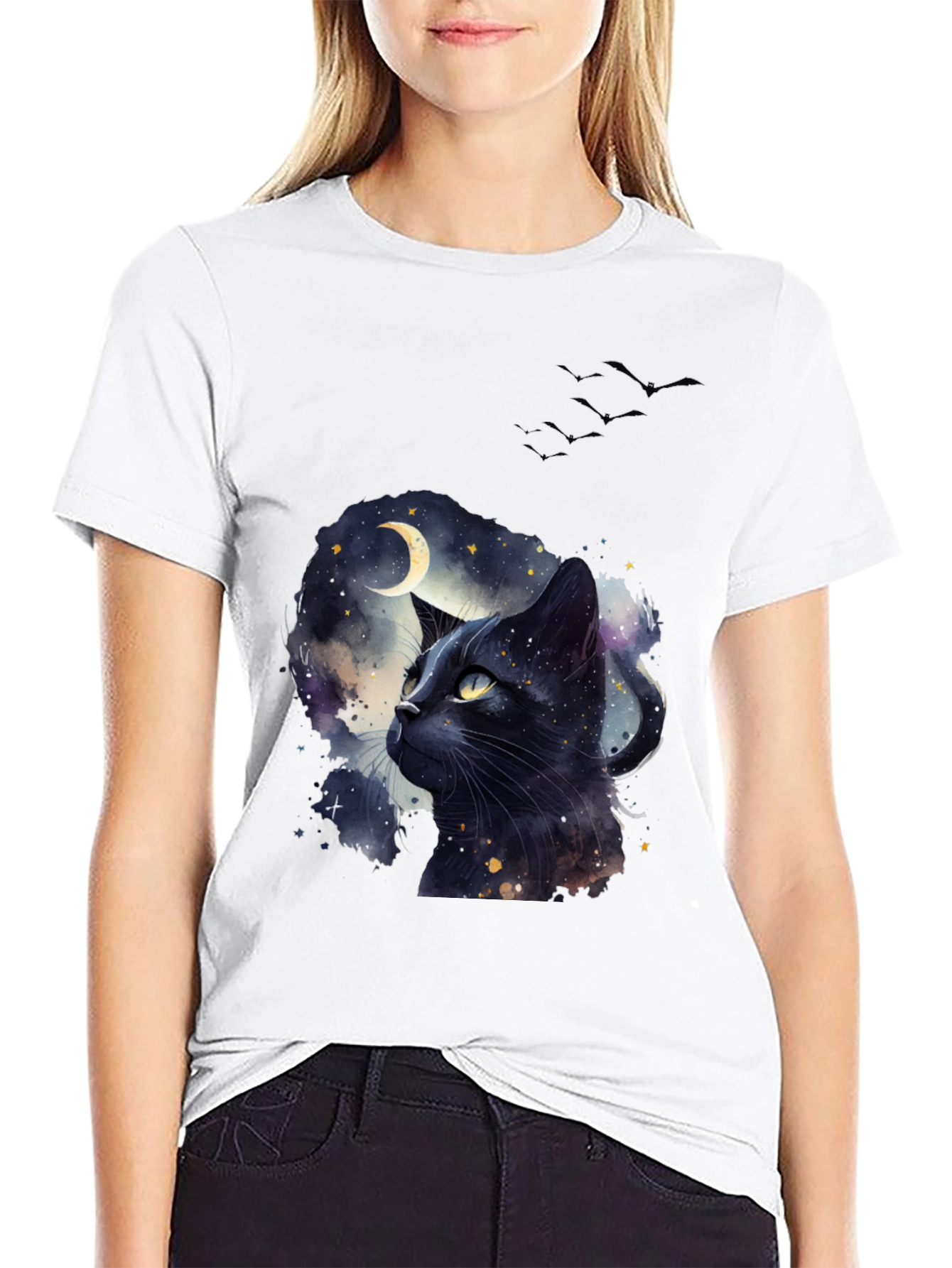 Black Cat Moon T-Shirt - Artistic Galaxy Design