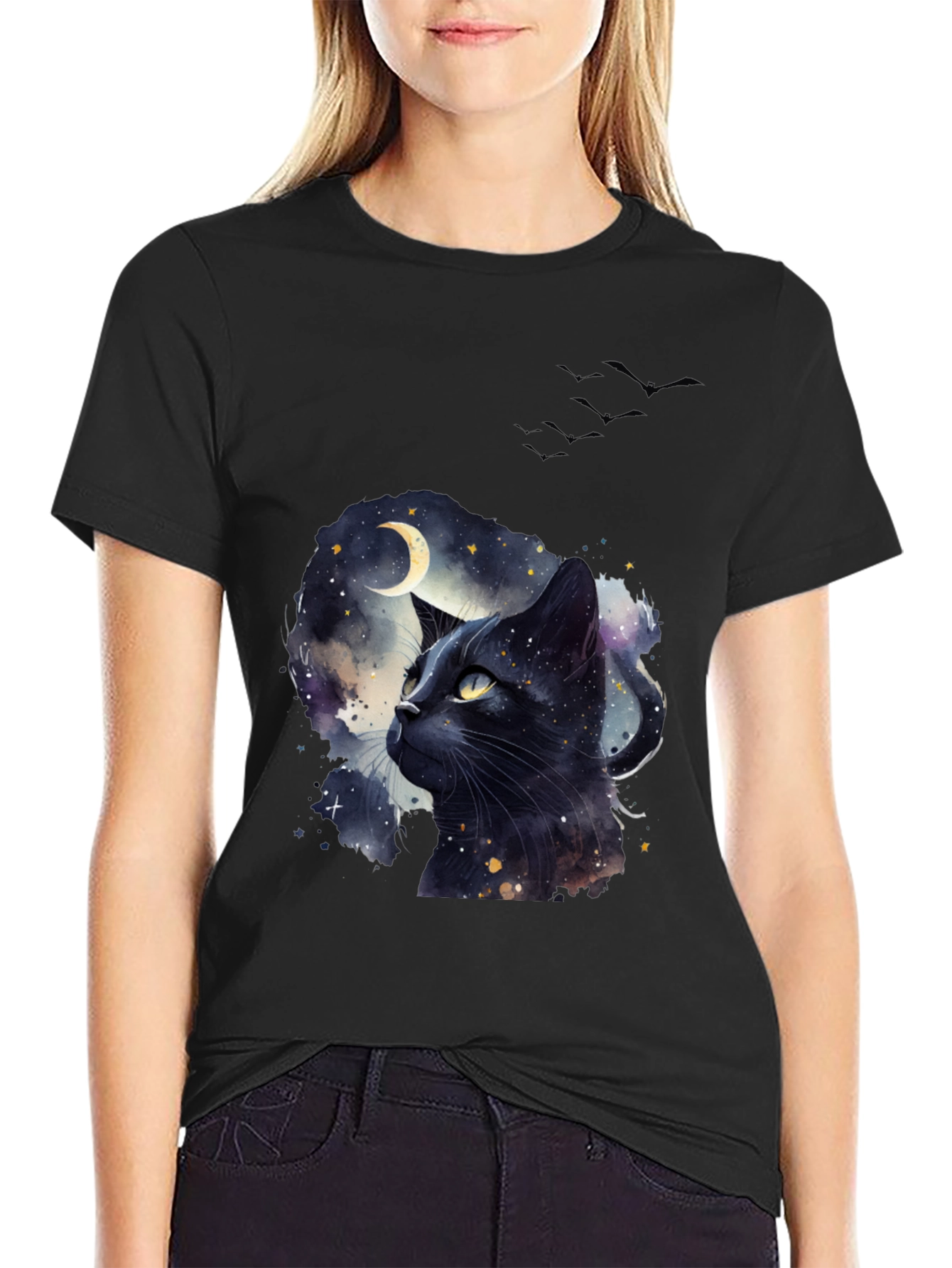 Black Cat Moon T-Shirt - Artistic Galaxy Design