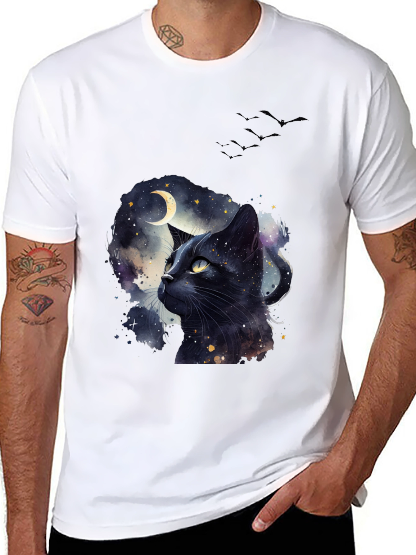 Black Cat Moon T-Shirt - Artistic Galaxy Design