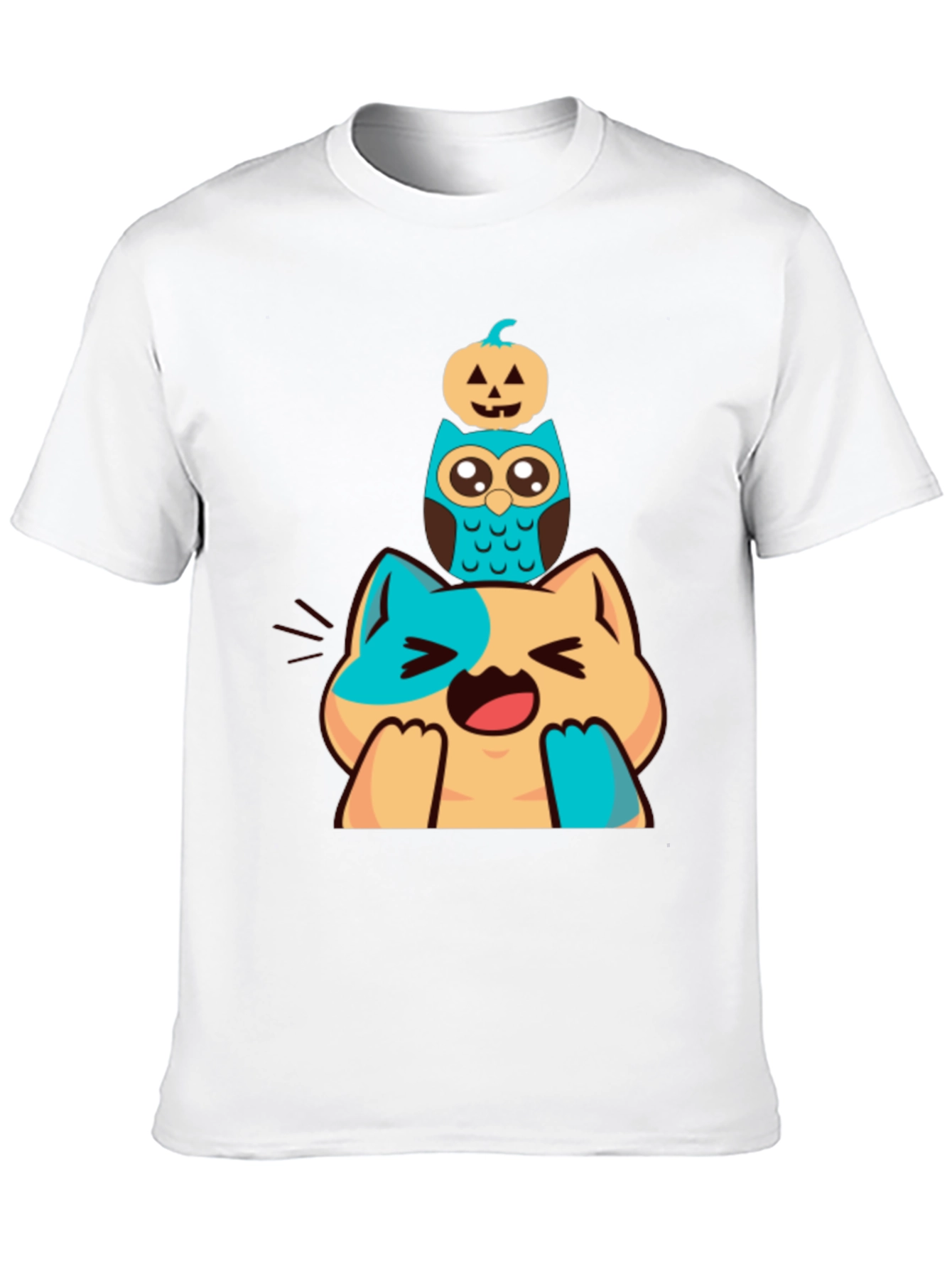 Cute Cat Owl & Pumpkin Stacked Graphic Tee