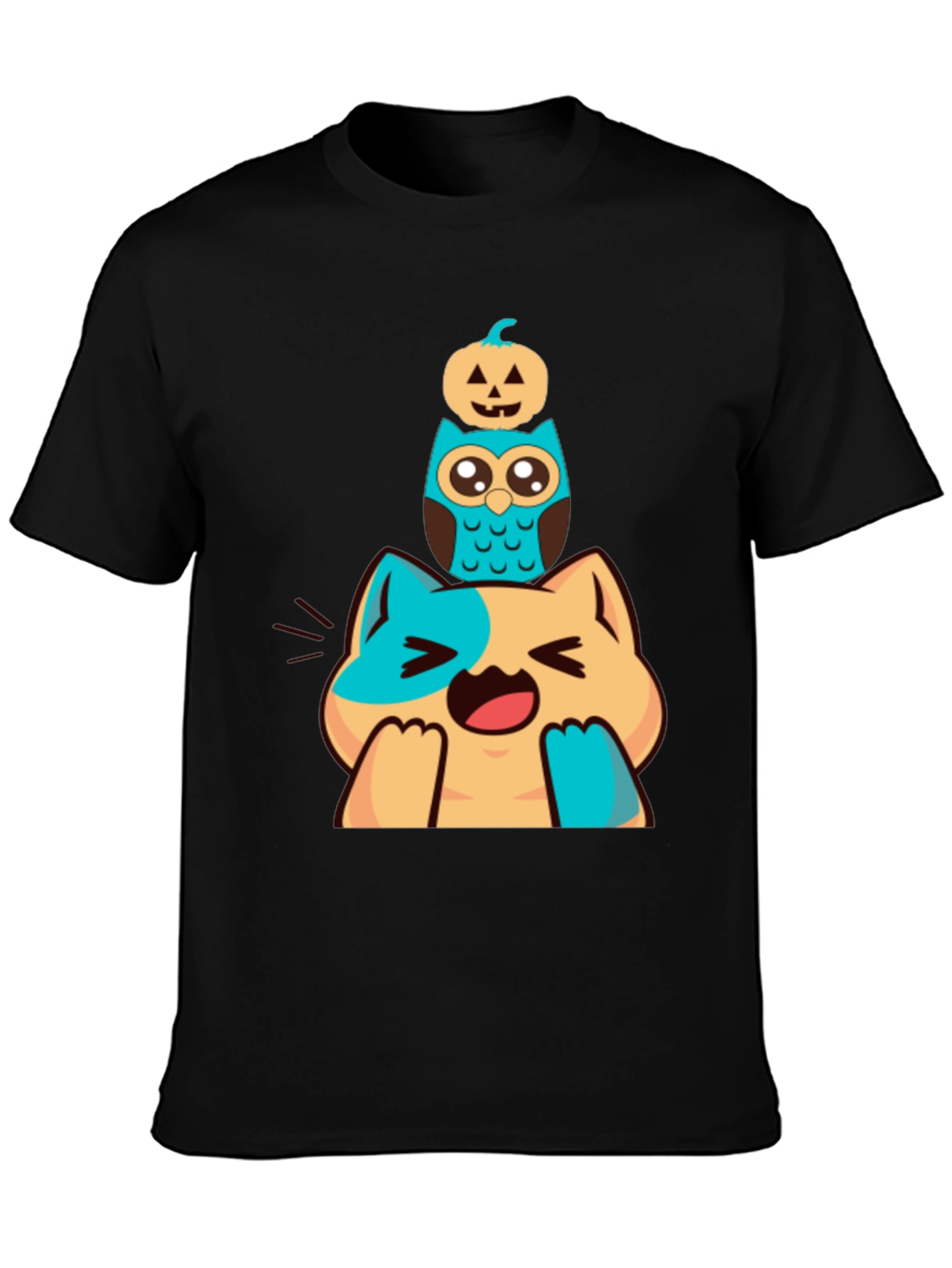 Cute Cat Owl & Pumpkin Stacked Graphic Tee