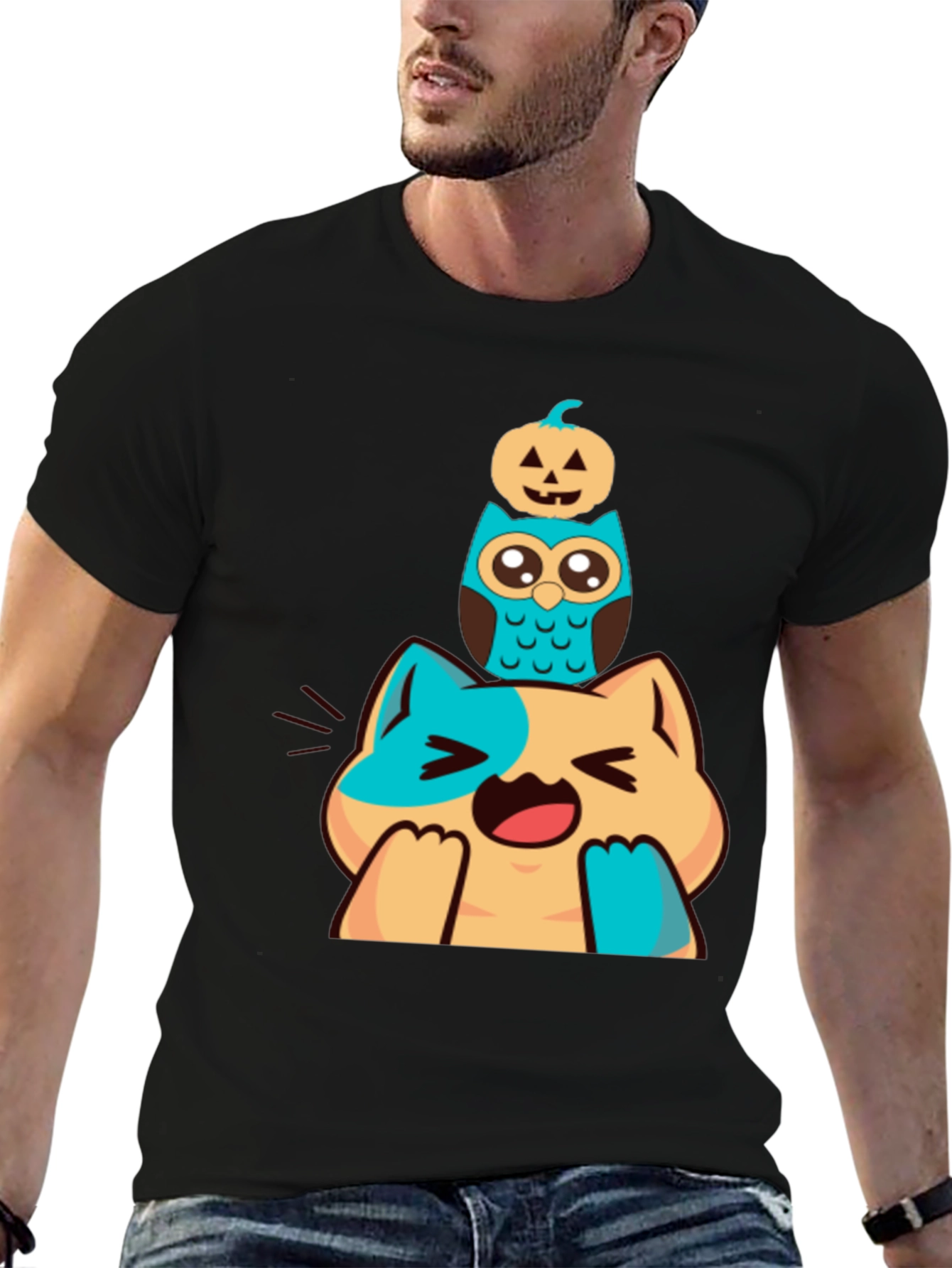Cute Cat Owl & Pumpkin Stacked Graphic Tee